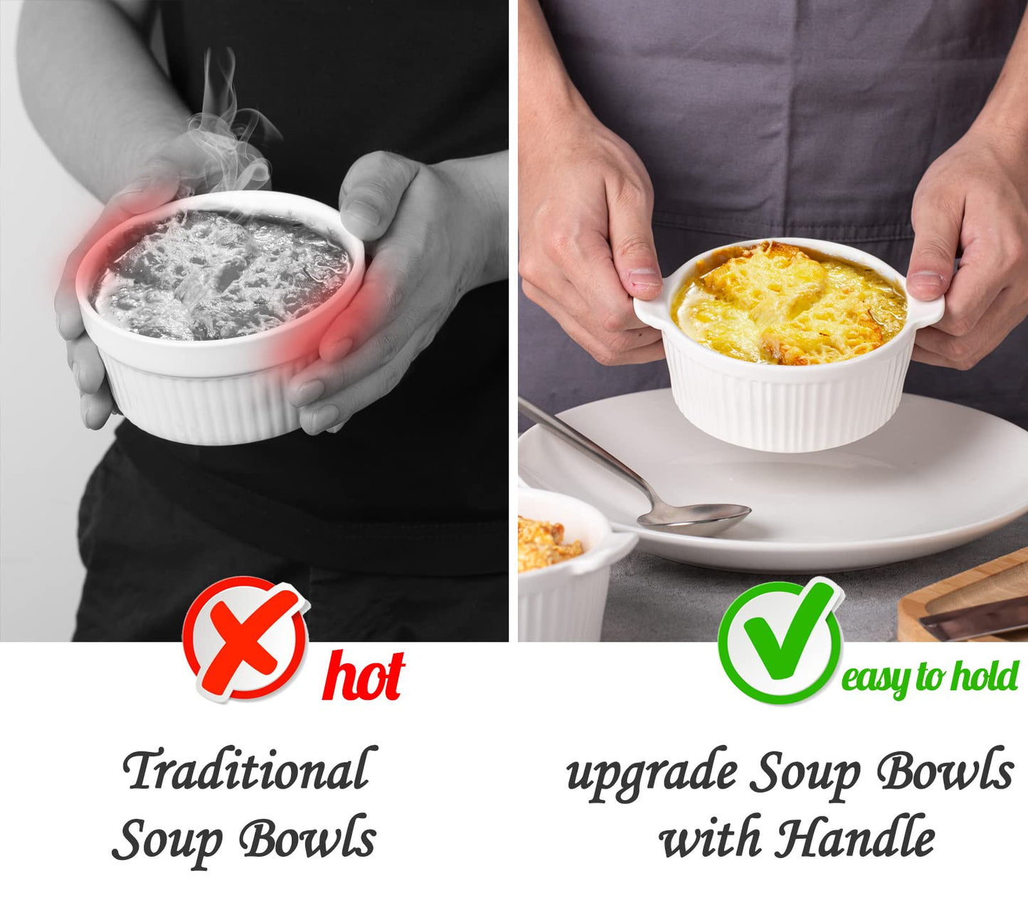 Delling Ramekins with Handle, 6 PACK Soup Bowls for French Onion Soup, Pot Pie, Lava Cakes, Creme Brulee, 12 Oz Porcelain Souffle Dish for Baking, White