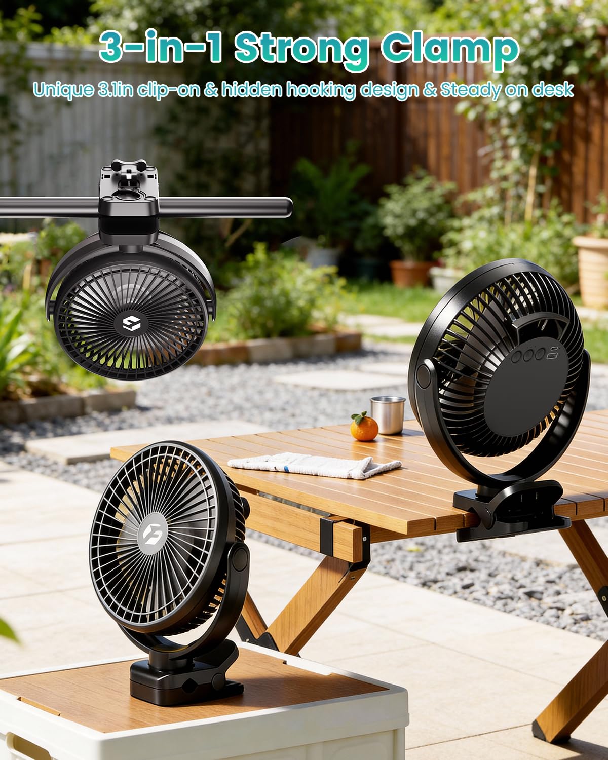 Fentara 40000mAh Clip on Fan, 2-in-1 Portable Rechargeable Fan - 8 Inch USB Battery Operated Fans with Light & Screw-Clamp for Golf Cart, Desk, Tent, Travel, Gym, Treadmill, Summer Gifts, Black