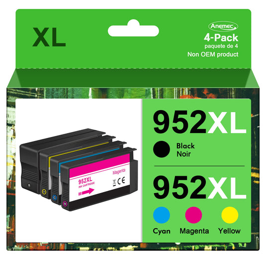 Anemec Compatible 952XL Ink Cartridge Replacement for HP Officejet Pro 8710 7740 8720 8210 8715 8702 7720 8730 8740 8216 8725 8700, Black, Cyan, Magenta, Yellow, 4-Pack