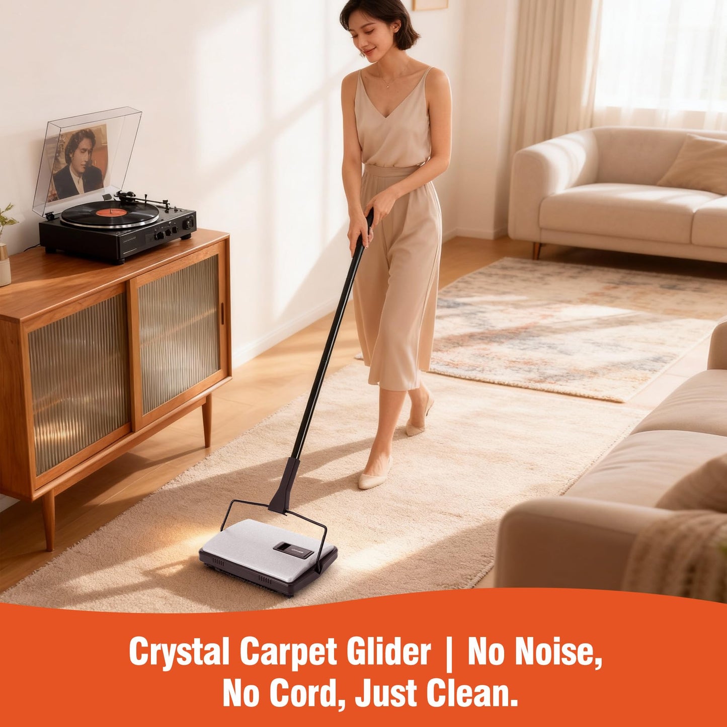 CLEANHOME Carpet Sweeper Manual Cordless - Non-Electric Push Sweeper for Pet Hair & Debris on Carpets & Rugs, Includes Cleaning Tool & Extra Replacement Roller