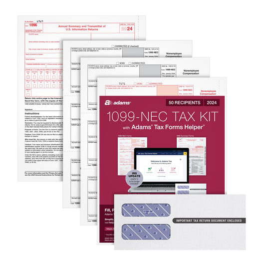 Adams 2024 1099 NEC Tax Forms Kit for 50 Recipients, 3-Part 1099 Forms, 6 1096 Forms, Self Seal Envelopes, Access to Adams Tax Forms Helper (1009315)