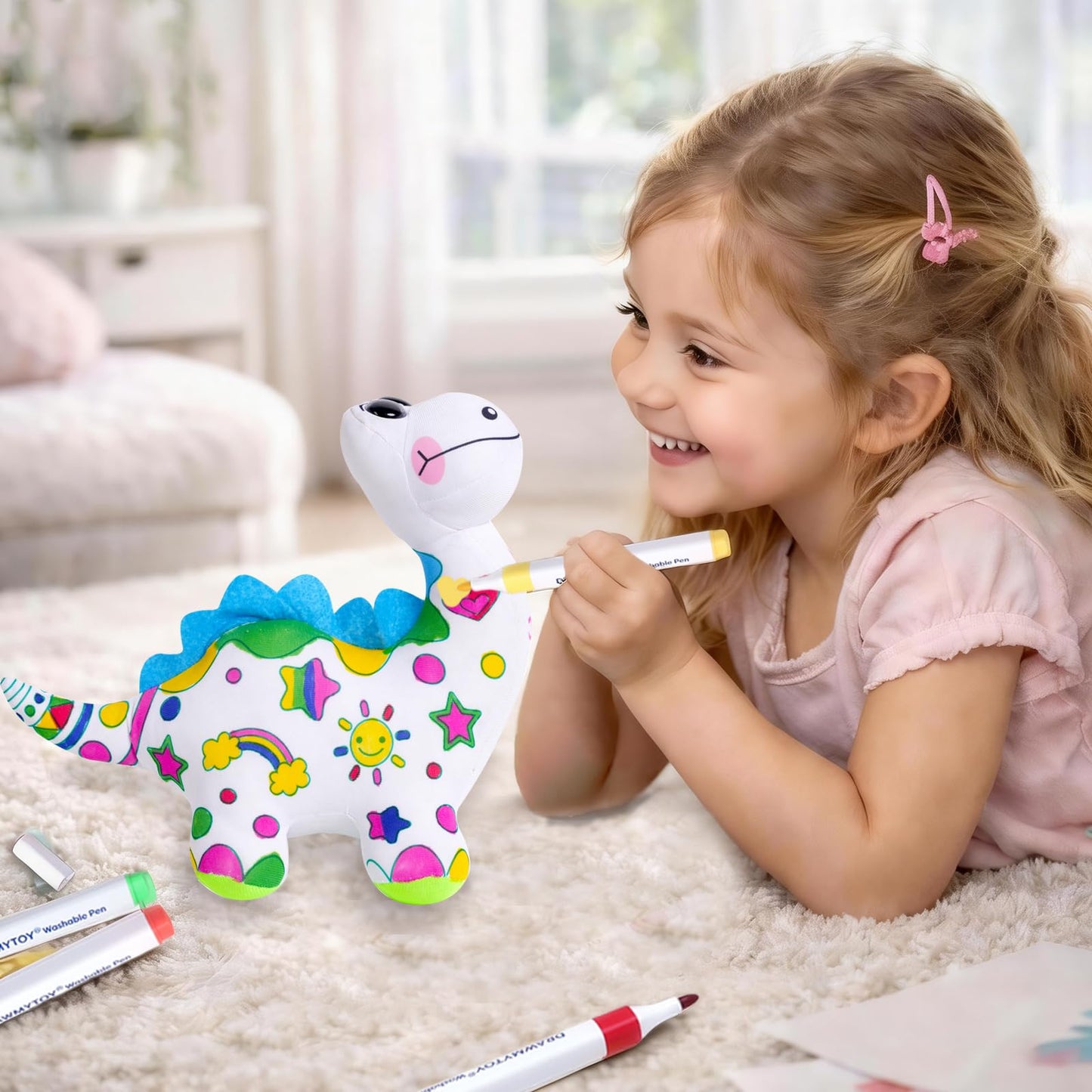 DIY Coloring Plush Toy with Washable Markers, Scribble Pets Stuffed Animal, Doodle Dolls Art Toy for Boys and Girls Ages 3-8, Birthday Gift (Dinosaur)