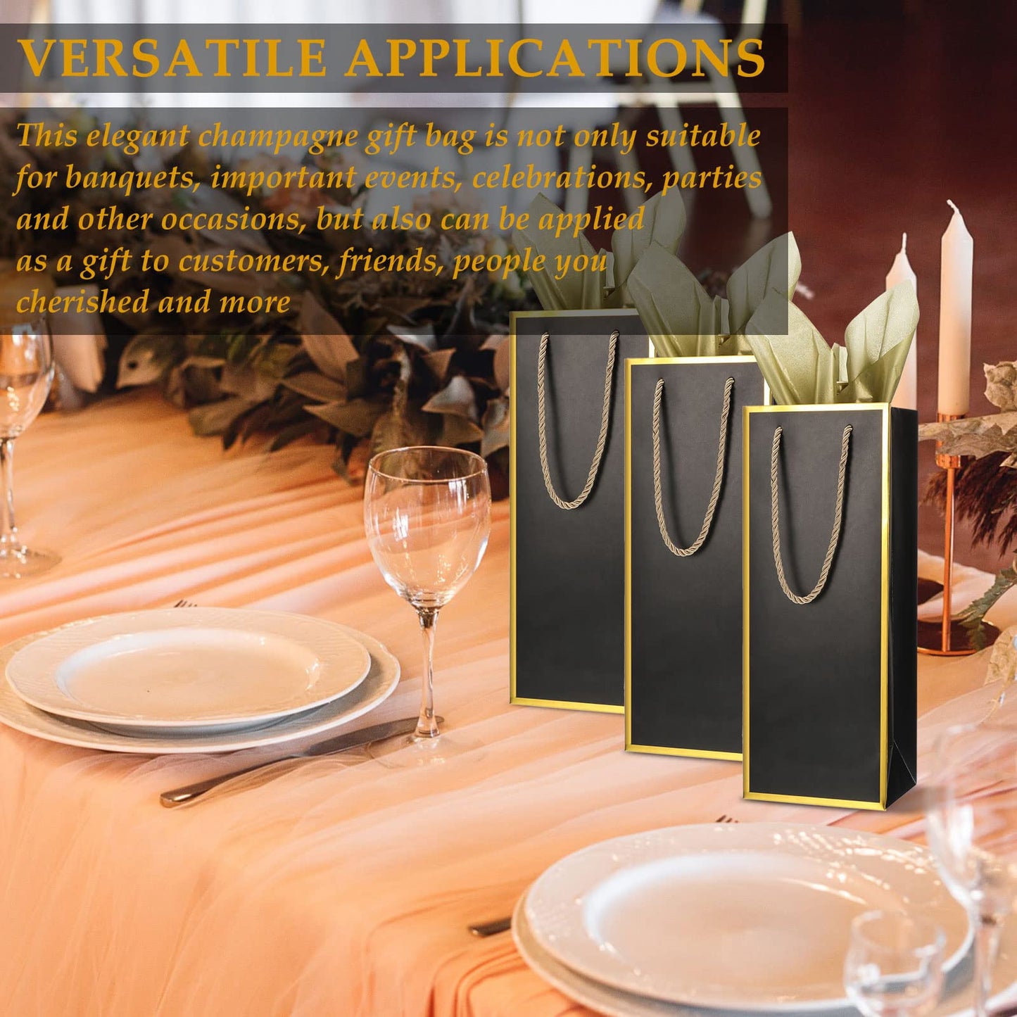 TaoBary Black Wine Gift Bags and Gold Wrapping Paper Set Wine Bags for Bottle Bulk 4 x 5 x 13 Inch Champagne Gift Paper Bags with Handles for Appreciation Wedding Party Anniversary(50 Packs)