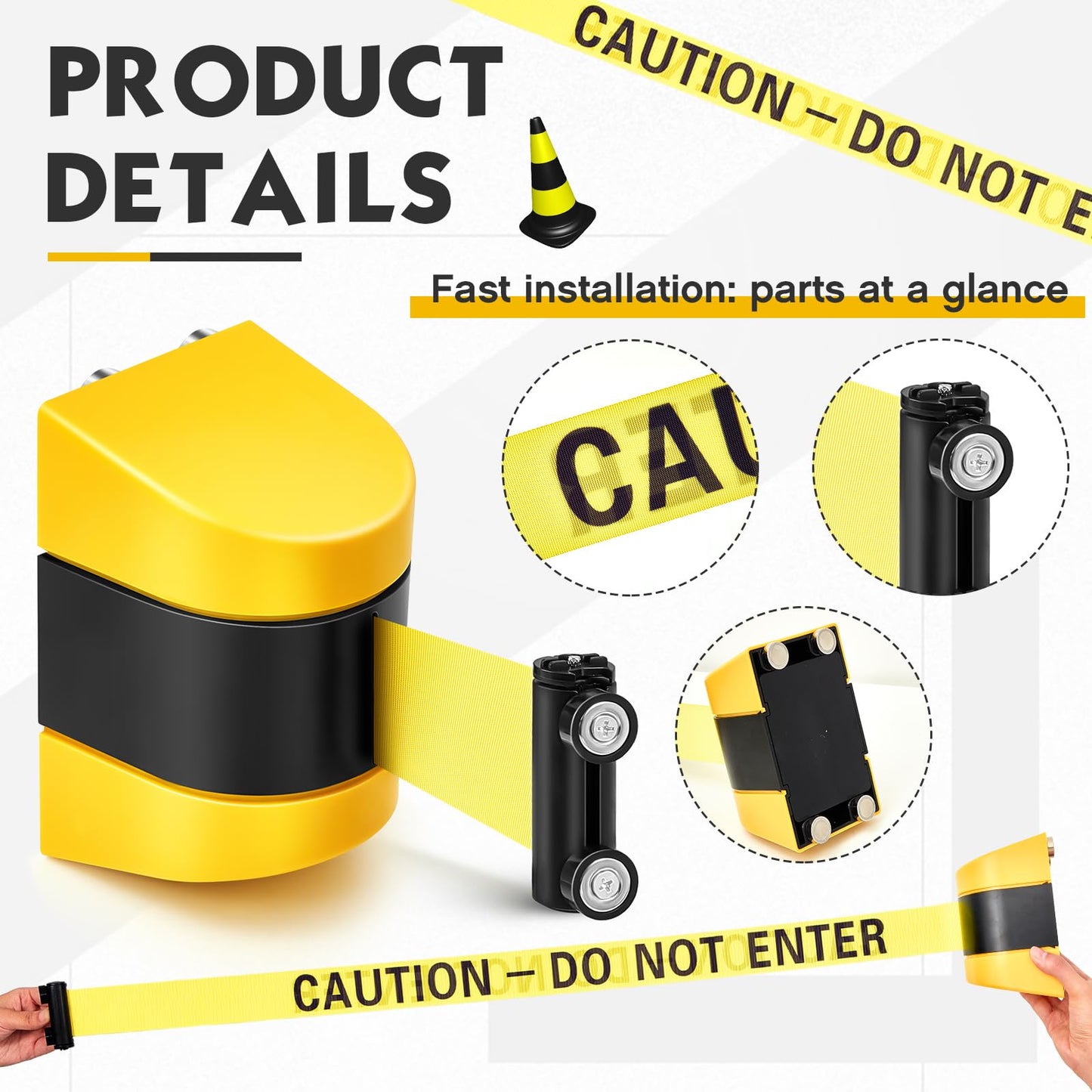 Barydat 2 Pcs 16.4 ft Magnetic Retractable Wall Mount Barrier Crowd Control Safety Caution Do Not Enter Belt with ABS Case for Grocery Retail Store Stadium