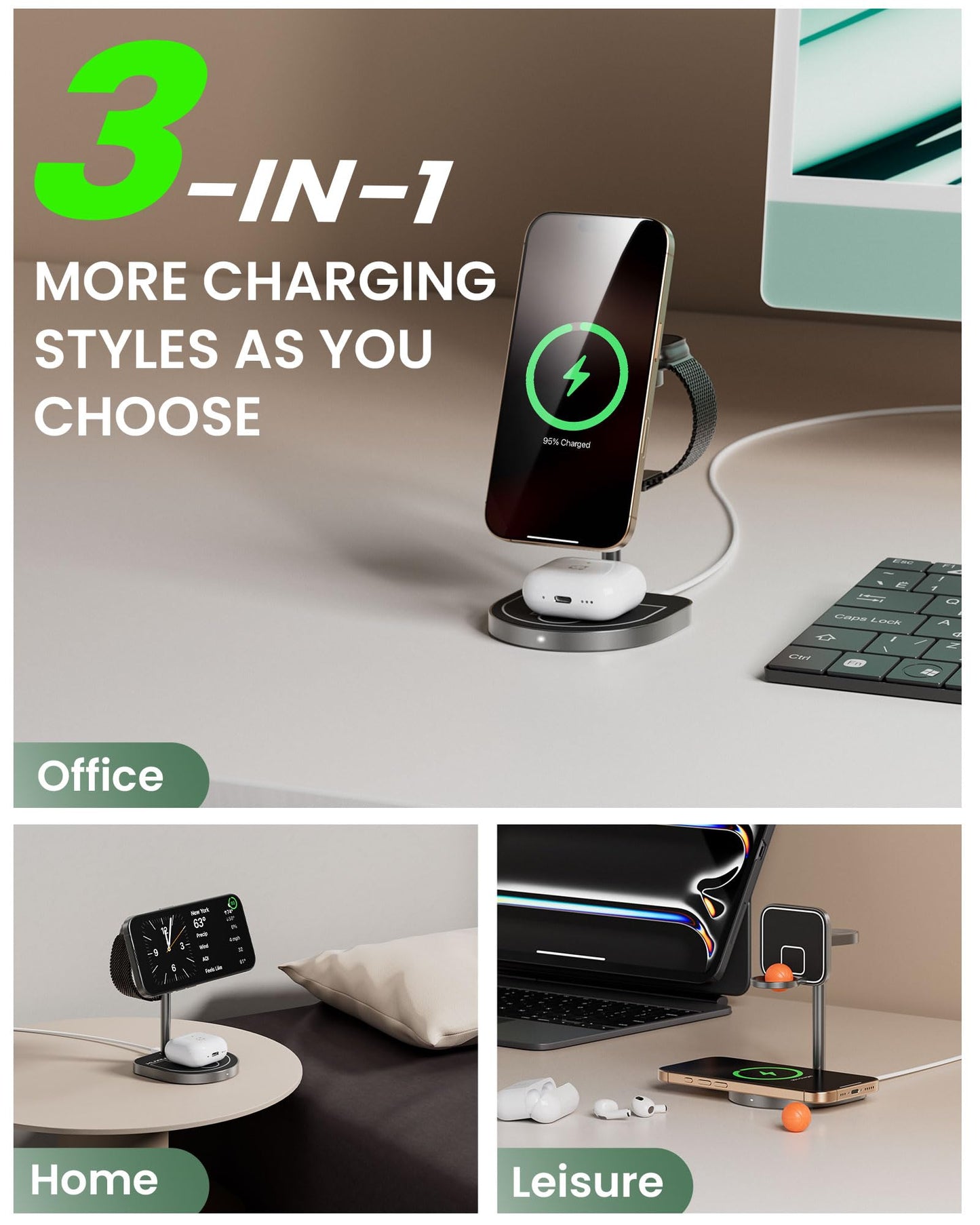 3-Point Power 3 in 1 Charging Station for Apple, KU XIU X85 Aluminum Alloy Magnetic Wireless Charger Stand with Mini Basketball & Hoop for iPhone 16/15/14/13/12, 5W for Apple Watch, AirPods, Black