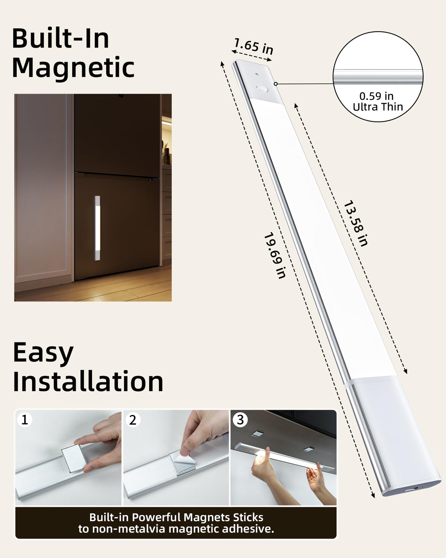 EZVALO Under Cabinet Lighting, Motion Sensor Closet Lights with 3 Extra Batteries, 76 LEDs Dimmable Eye-Caring Rechargeable LED Lights, 3 Color Temps, Under Counter Lights for Kitchen, Wardrobe