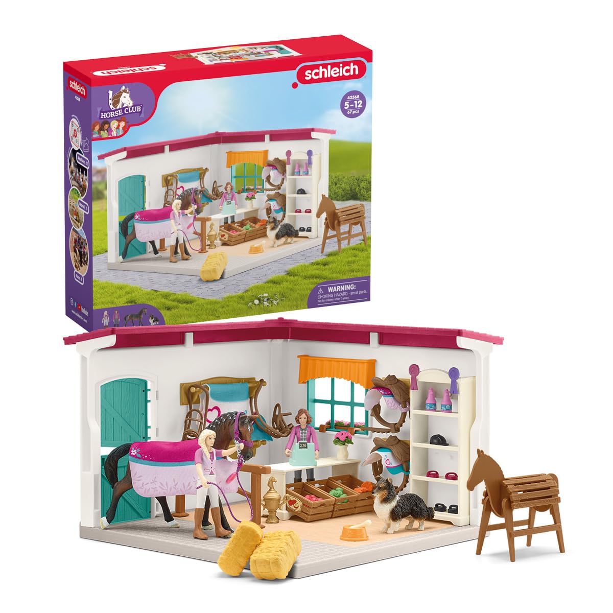 Schleich Horse Club - 67PC Sofia's Tack Shop Playset with Toy Horse Figurine, 2 Poseable Action Figures and Accessories - Realistic Pretend Shopping Toys for Girls and Boys - Kids Toys Ages 5+ | 42568