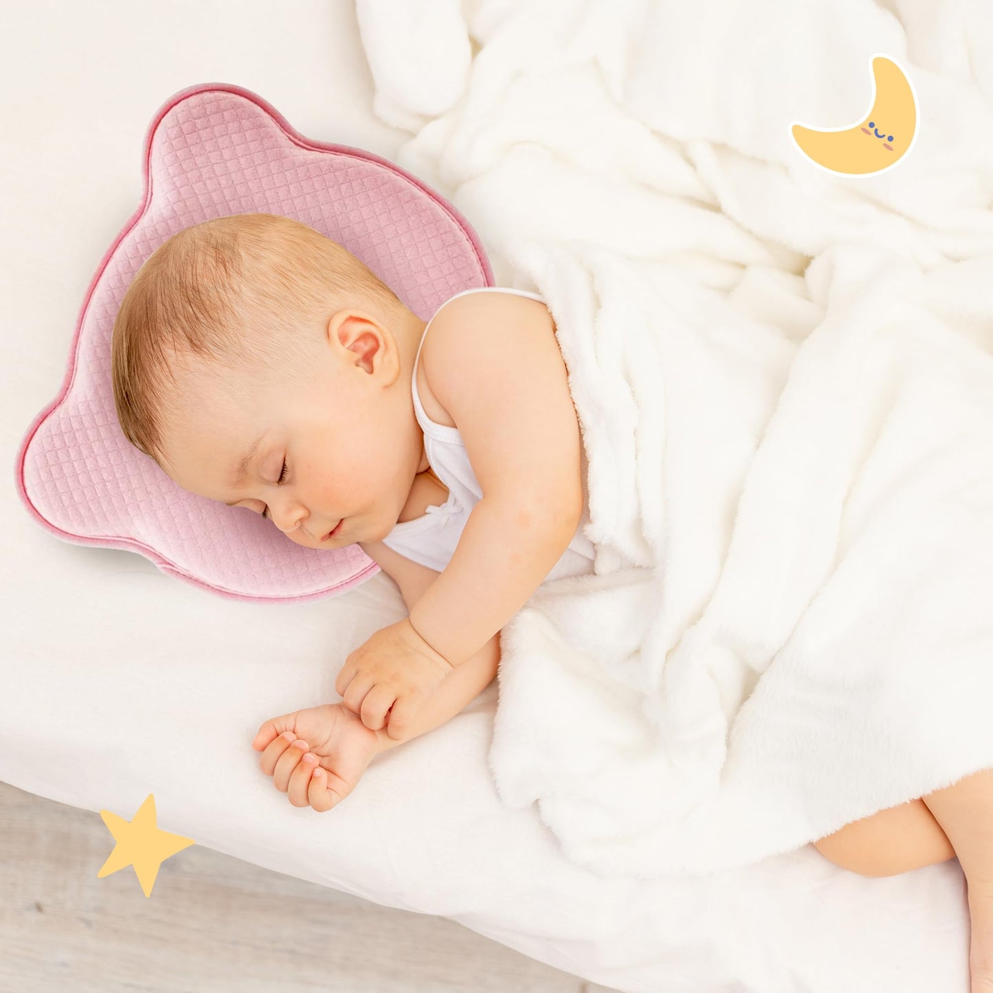 MarBoost Soft and Breathable Baby Pillow with Memory Foam and Bear Design (Pink)