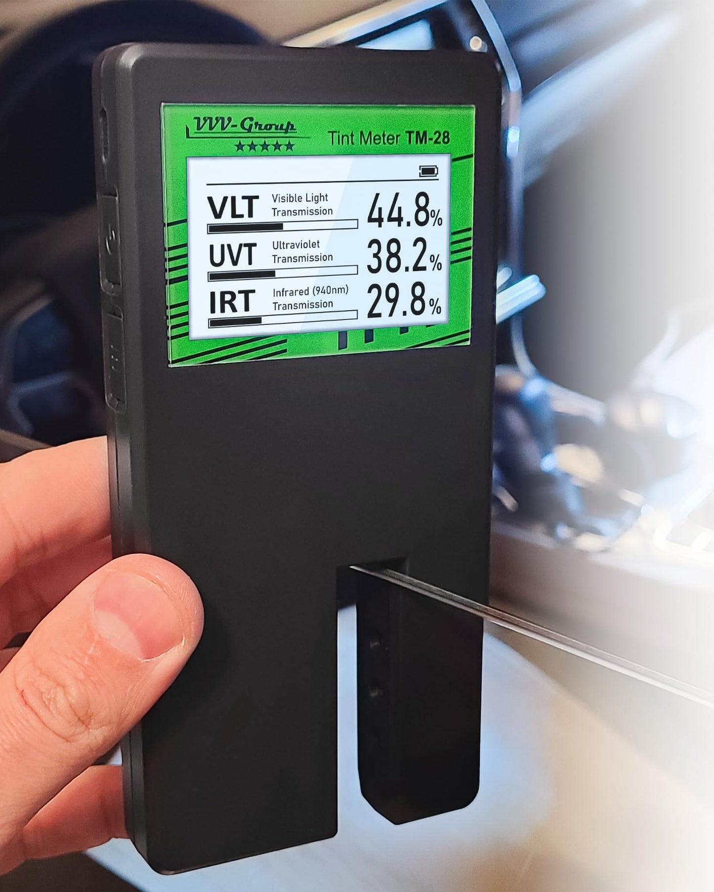 Digital Car Window Tint Meter TM-28 – Side Window Tint Tester for Light Transmission, UV/IR Rejection, Auto Calibration, Display Rotation