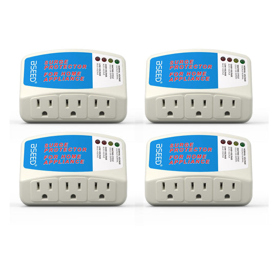 BSEED Surge Protector for Home Appliance 3 Outlet Surge Protector for Refrigerator Voltage Protector for TV, PC, PS5, Air-Conditioning and Other Valuable Household Electronic 125V, 1875W, 4 Pack