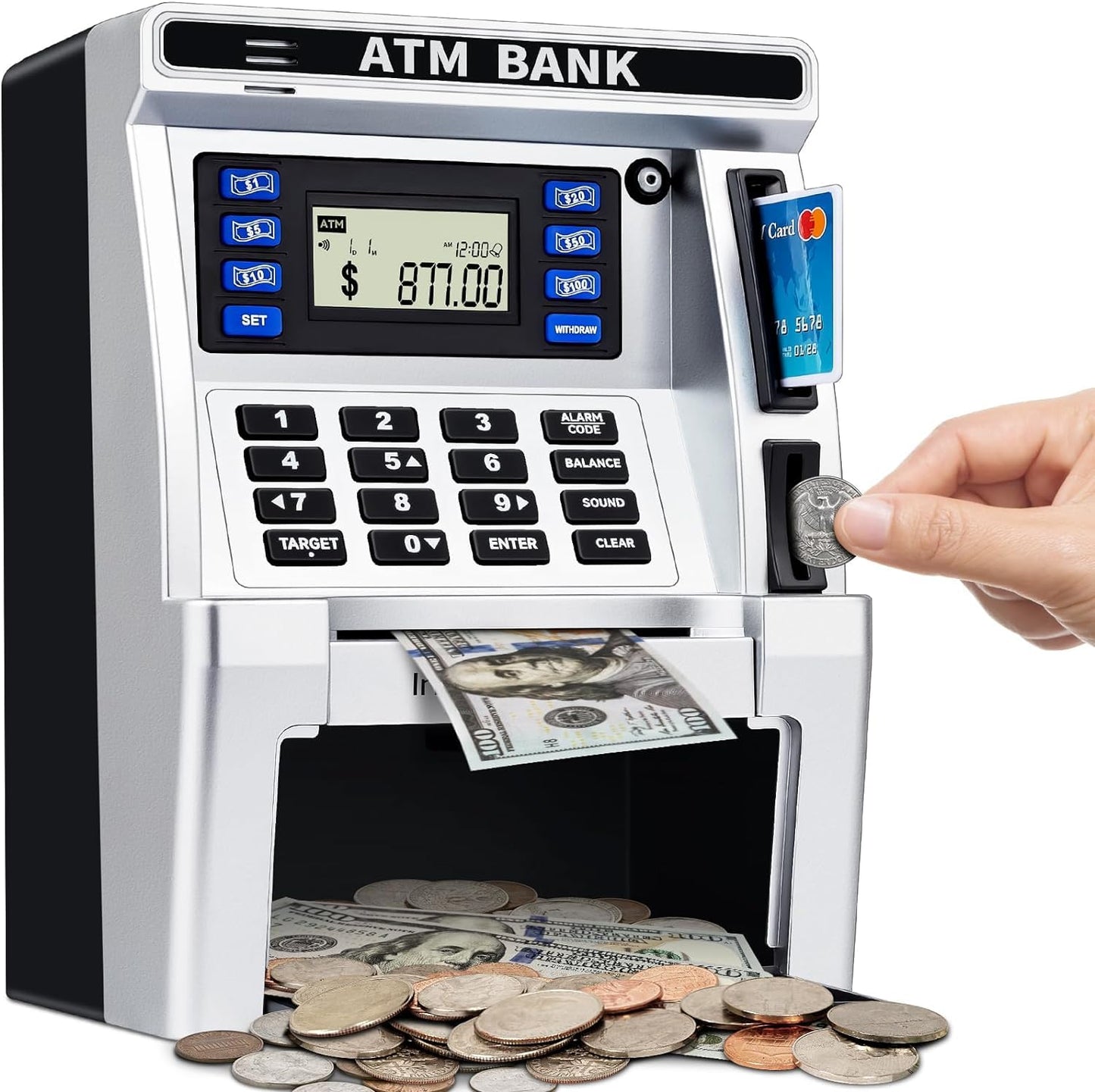ATM Piggy Bank for Kids, ATM Machine for Real Money with Debit Card, Bill Feeder, Coin Recognition, Balance Calculator, Electronic Savings Safe Box, Gifts for Teen Boys Girls