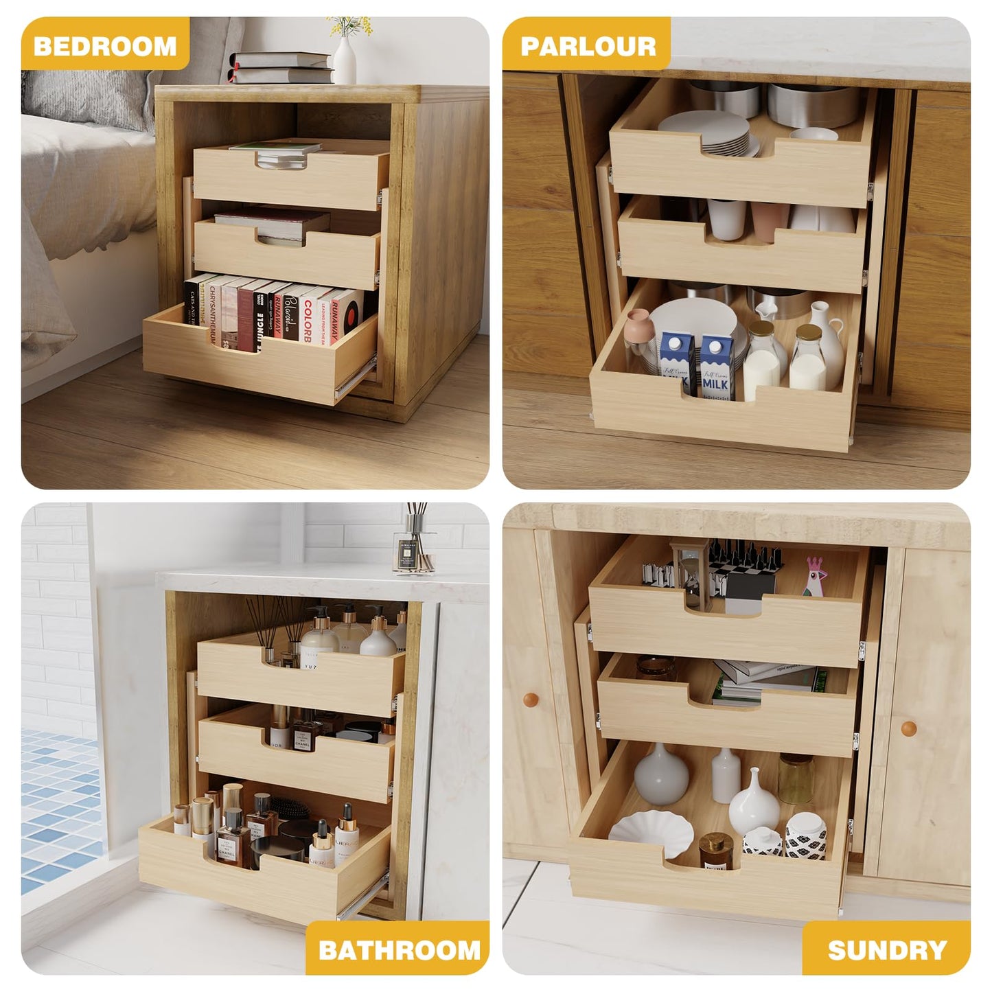 Pull Out Cabinet Organizer, 14''W×21''D×19''H Soft Close Slide Out Wooden Pull out Drawers, Three Tier Slide out Wood Cabinet Organizer, for Base Cabinet Organization in Kitchen, Pantry, Bathroom