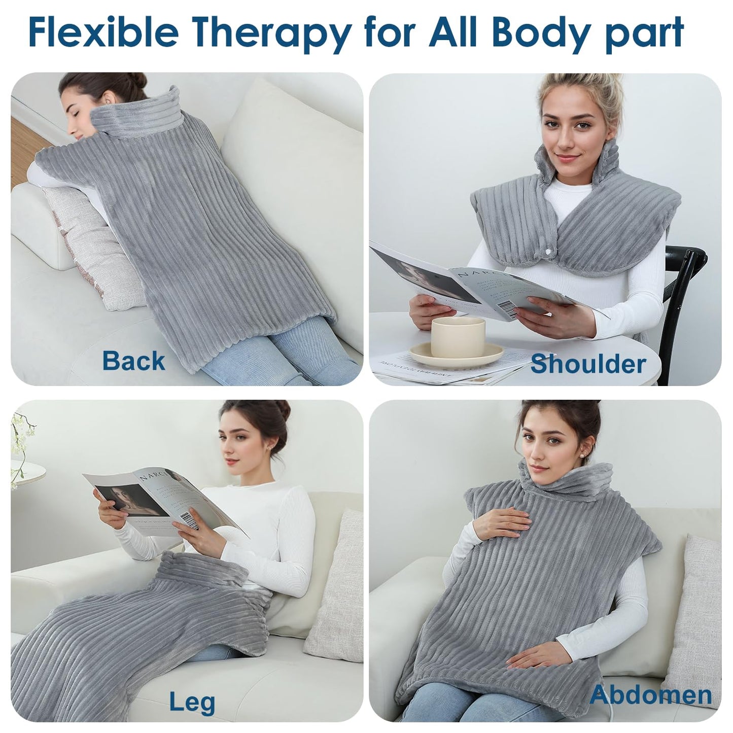 Massaging Heating Pad for Neck and Shoulders,Wearable Heating Pads for Back Pain Relief,Auto-Shut Off, 2 Heat Settings Heating Pad Wrap with Massager,Machine Washable,24 x35inch Grey