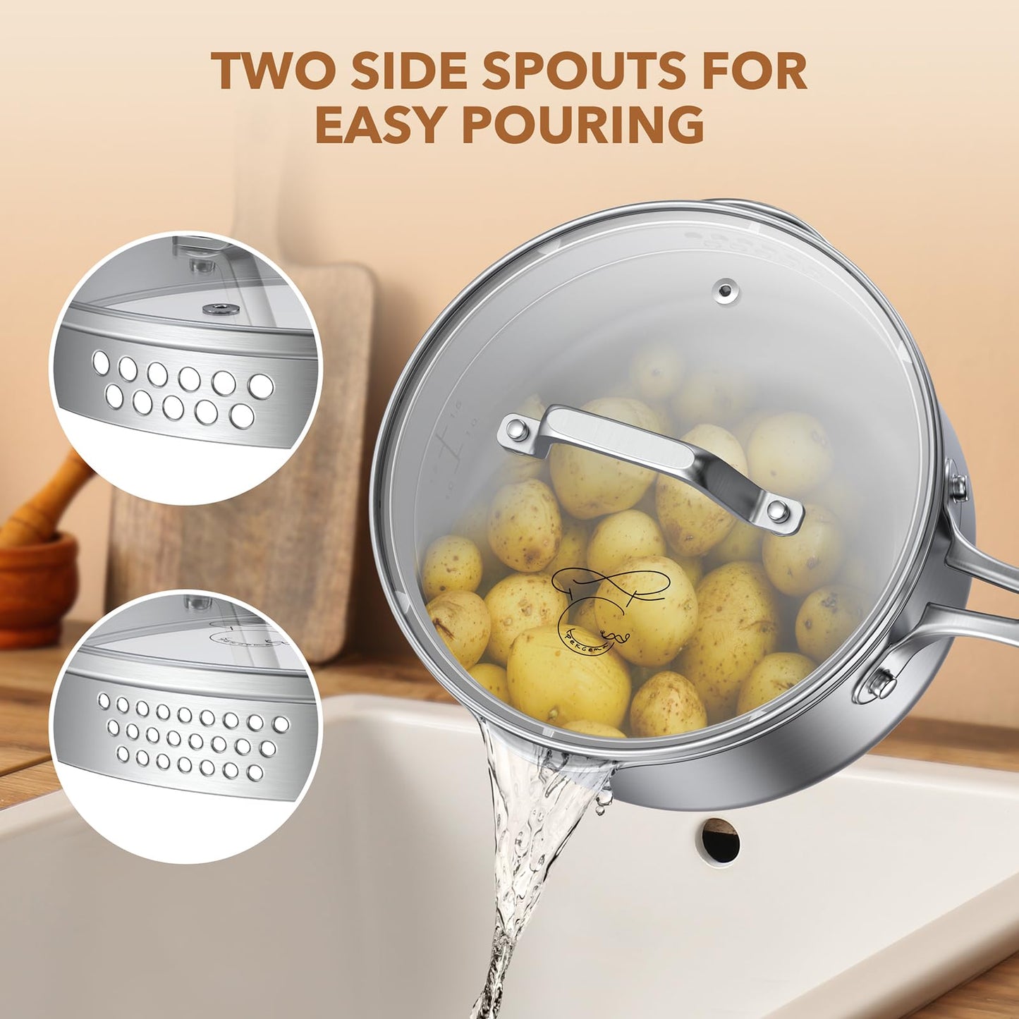PekGema Stainless Steel Saucepan 2.5 Quart with Glass Strainer Lid, Tri-Ply Construction, Dual Pour Spouts, Measurement Marks, Stay-Cool Handle, Dishwasher & Oven Safe, All Cooktops Compatible