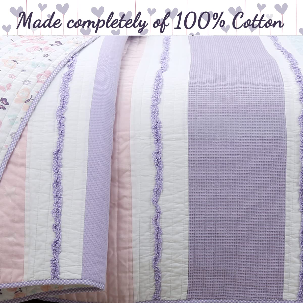 Cozy Line Home Fashions Lavender Blue Pink Ruffles Girl 100% Cotton Reversible Quilt Bedding Set, Coverlet, Bedspread (Purple Dream, Queen - 3 Piece)