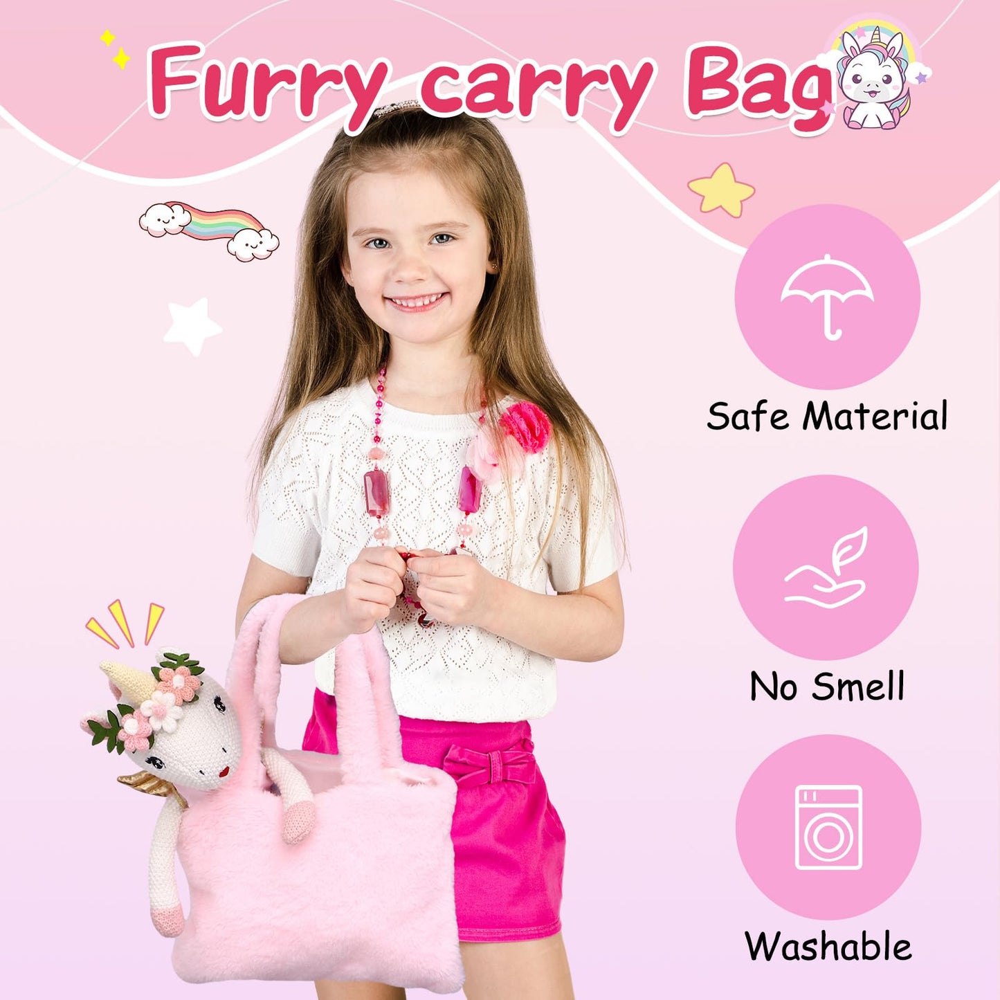 Unicorn Stuffed Animal Furry Bag & Fluffy Dress