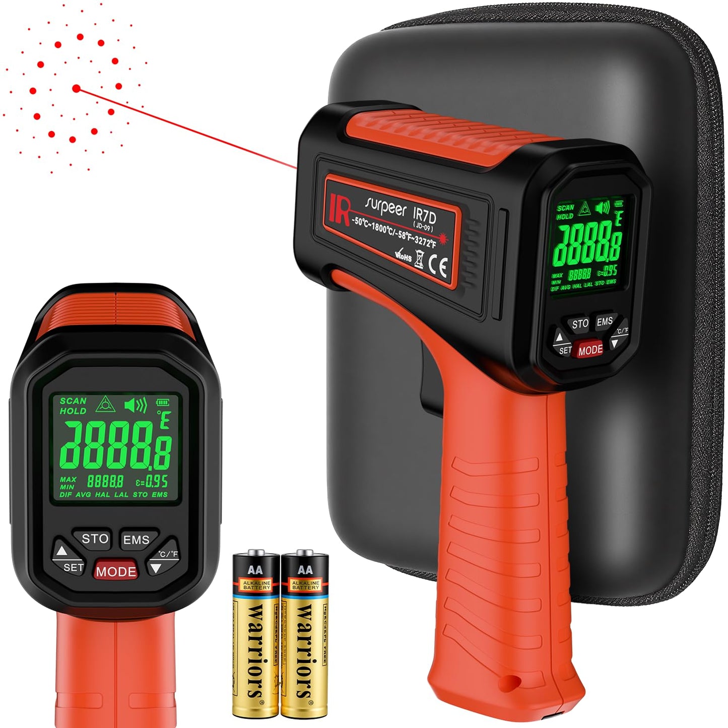Surpeer -58℉~3272℉ Infrared Thermometer IR Gun, High-Temp Digital Temperature Gun, 50:1 Non-Contact Pyrometer for Kiln, Forge, Furnace, Engine, HVAC & Industrial Applications