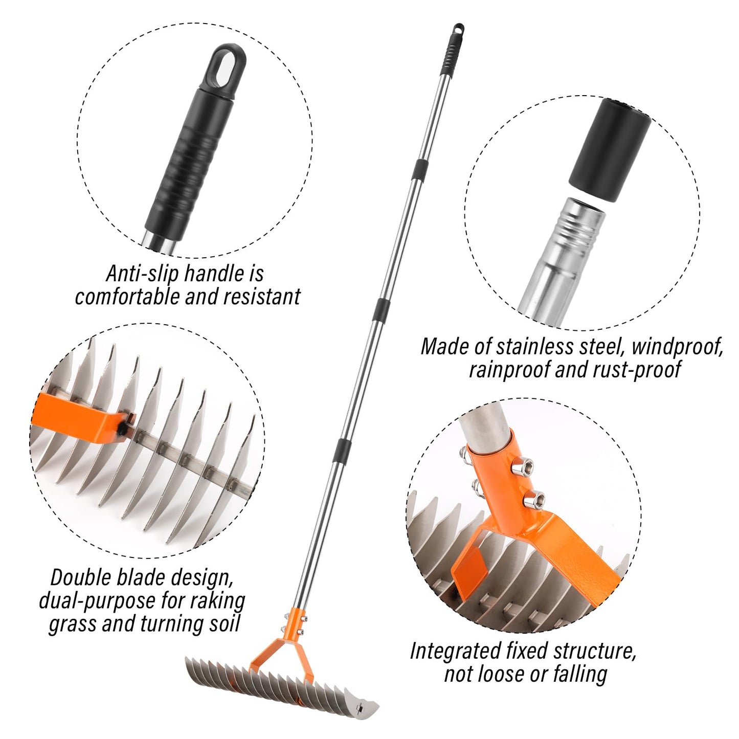 62" Thatch Rake, 19 Double-Sided Tines, 15-Inch Wide Lawn Rake, Adjustable Handle Garden Rake for Dethatching, Gardening, Yard Work, Heavy Duty Dethatcher Rake and Rock Rake