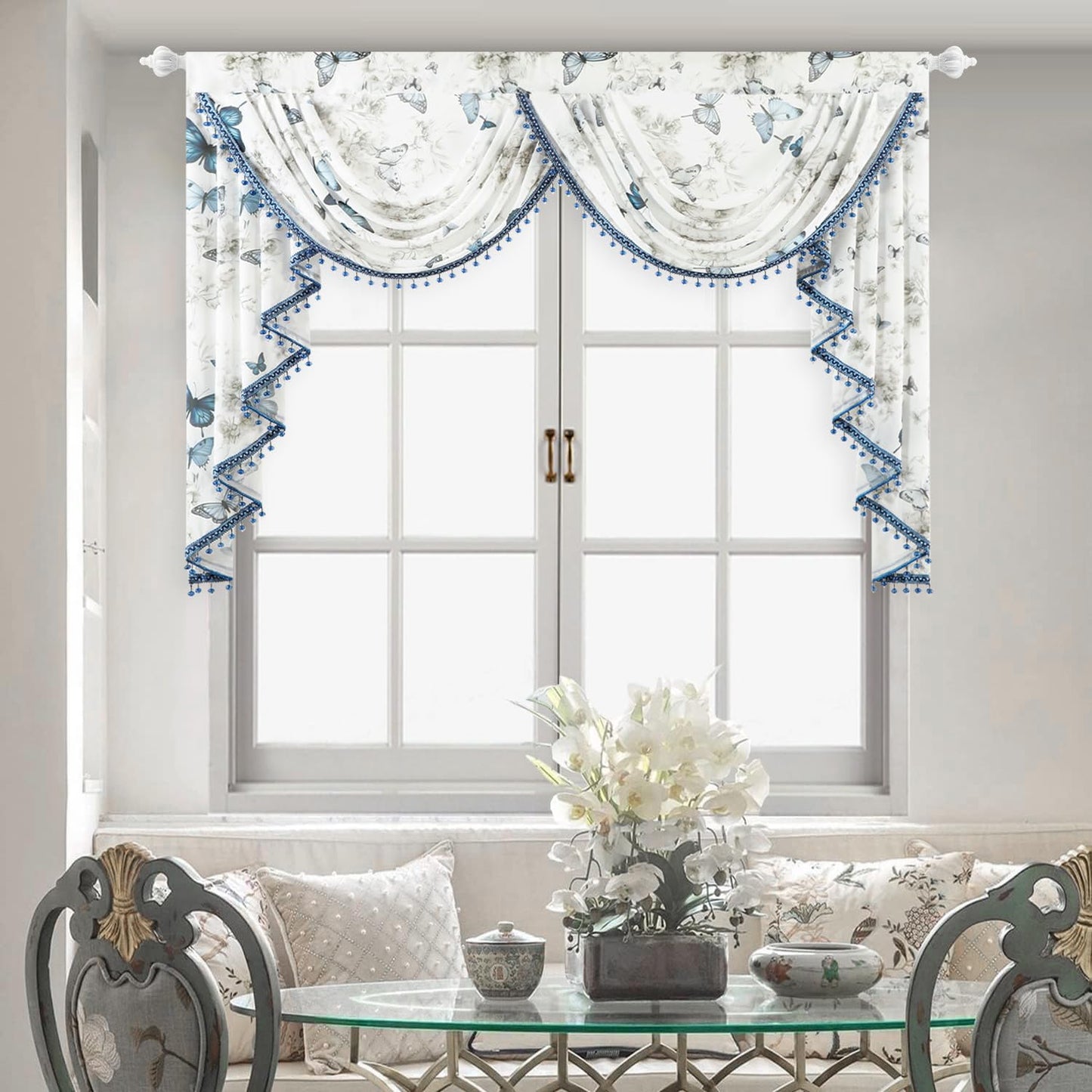 Leeva Luxury Sheer Valance Curtains with Bead Tassels, Farmhouse Waterfall Swag Design, Butterflies Print Valance for Windows, 59"x 43", Lightweight Voile for Nursery Bedroom Kitchen