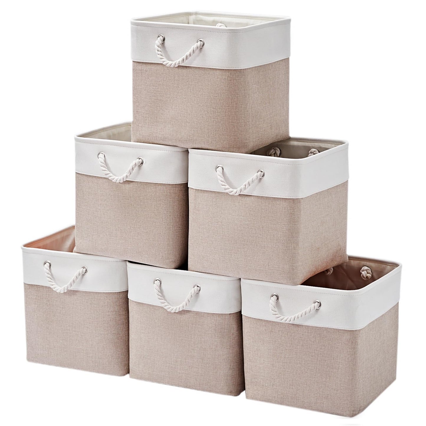 ISEMINGLA 13 x 13 Inch Storage Cubes，6 Pack Cube Storage Bins for Shelves，Fabric Collapsible Storage Bins with Handles, Foldable Storage Basket for Organizing Clothes, Toys, Books (White&Beige)