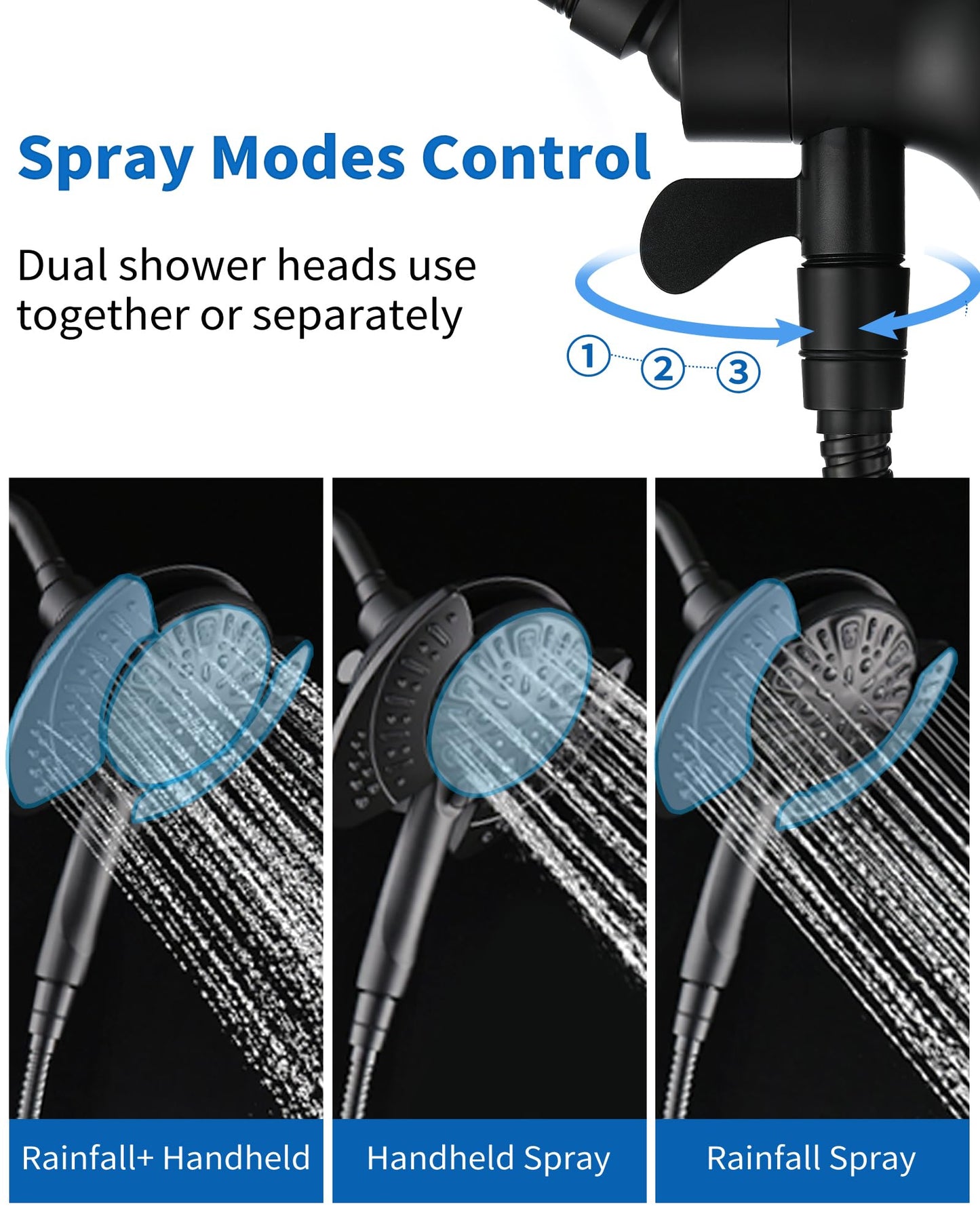 INAVAMZ 2-in-1 Shower Head with Handheld Combo: 2.5GPM Rainfall & Handheld Shower Head Use Together or Alone, 9 Spray Settings Hand Held Shower Head with Hose, Black