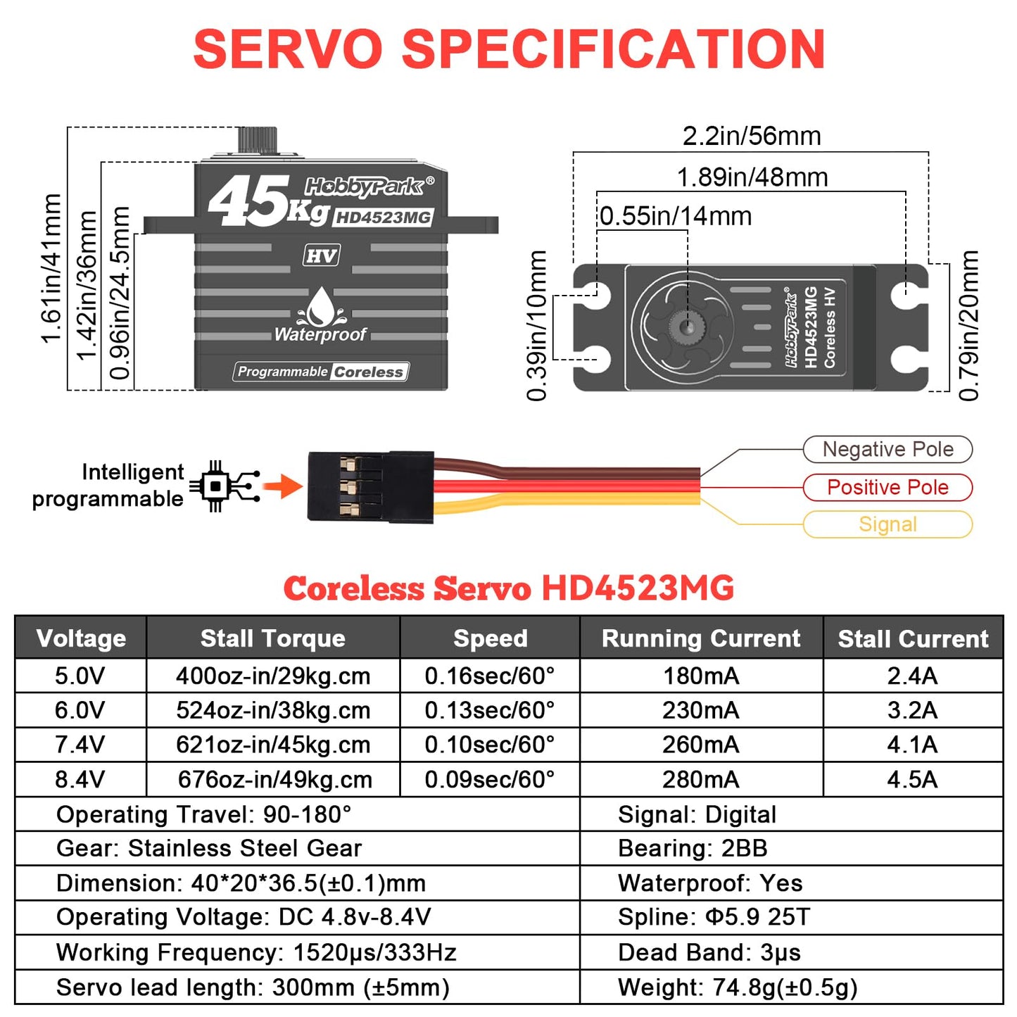 HobbyPark Waterproof 45KG Servo Coreless Motor 8.4V HV Servo High Torque Servo Full Metal Gear RC Servo Programmable for 1/8 1/10 RC Crawlers RC Trucks RC Cars Buggy Robotic Control Angle 180° 2BB