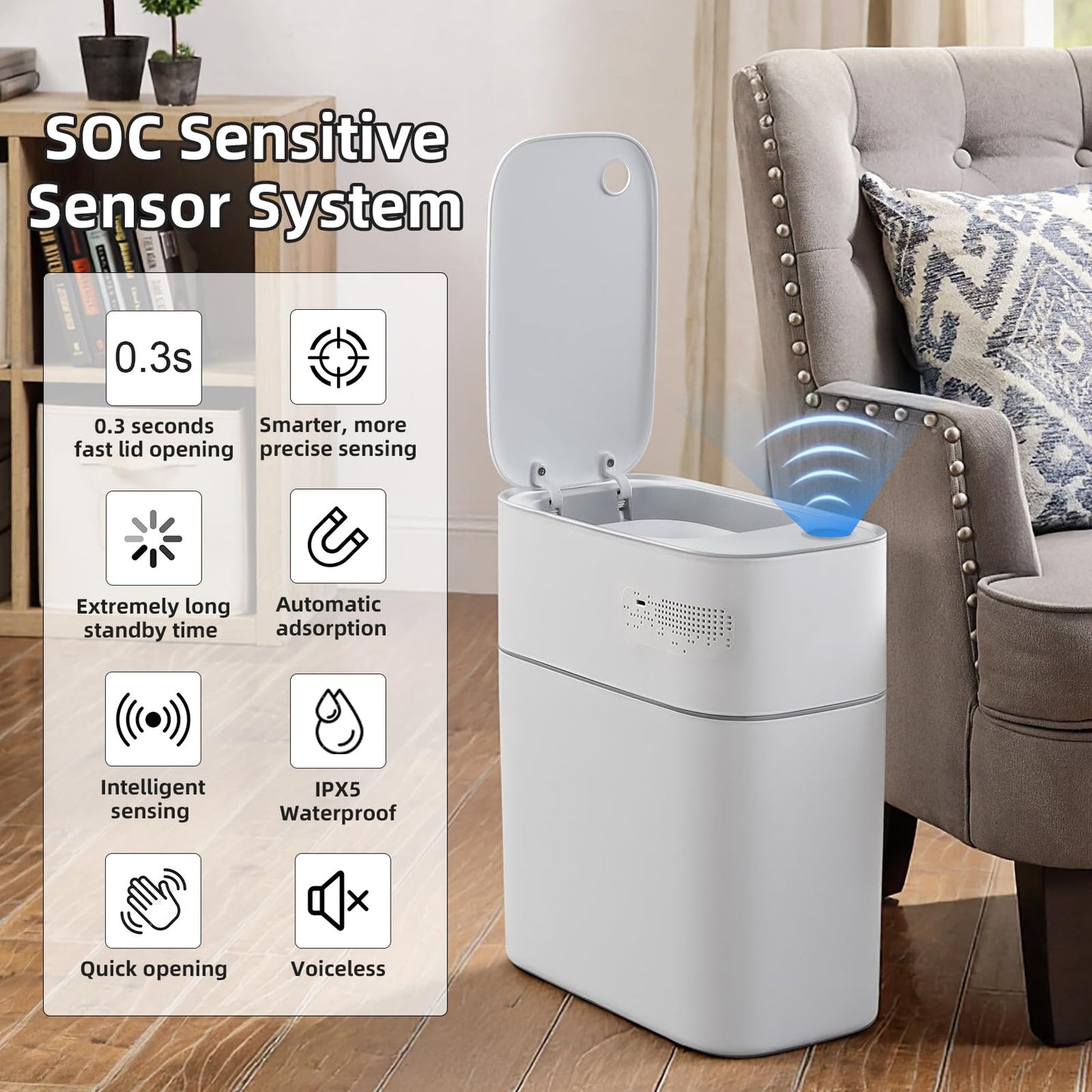 JUDRDO 3.5 Gallon Slim Automatic Trash Can for Bathroom,Touchless Diaper Trash Can with Trash Bag Auto-adsorption Technology,Motion Sensor Diaper Garbage Bins for Bedroom Office Kitchen Toilet