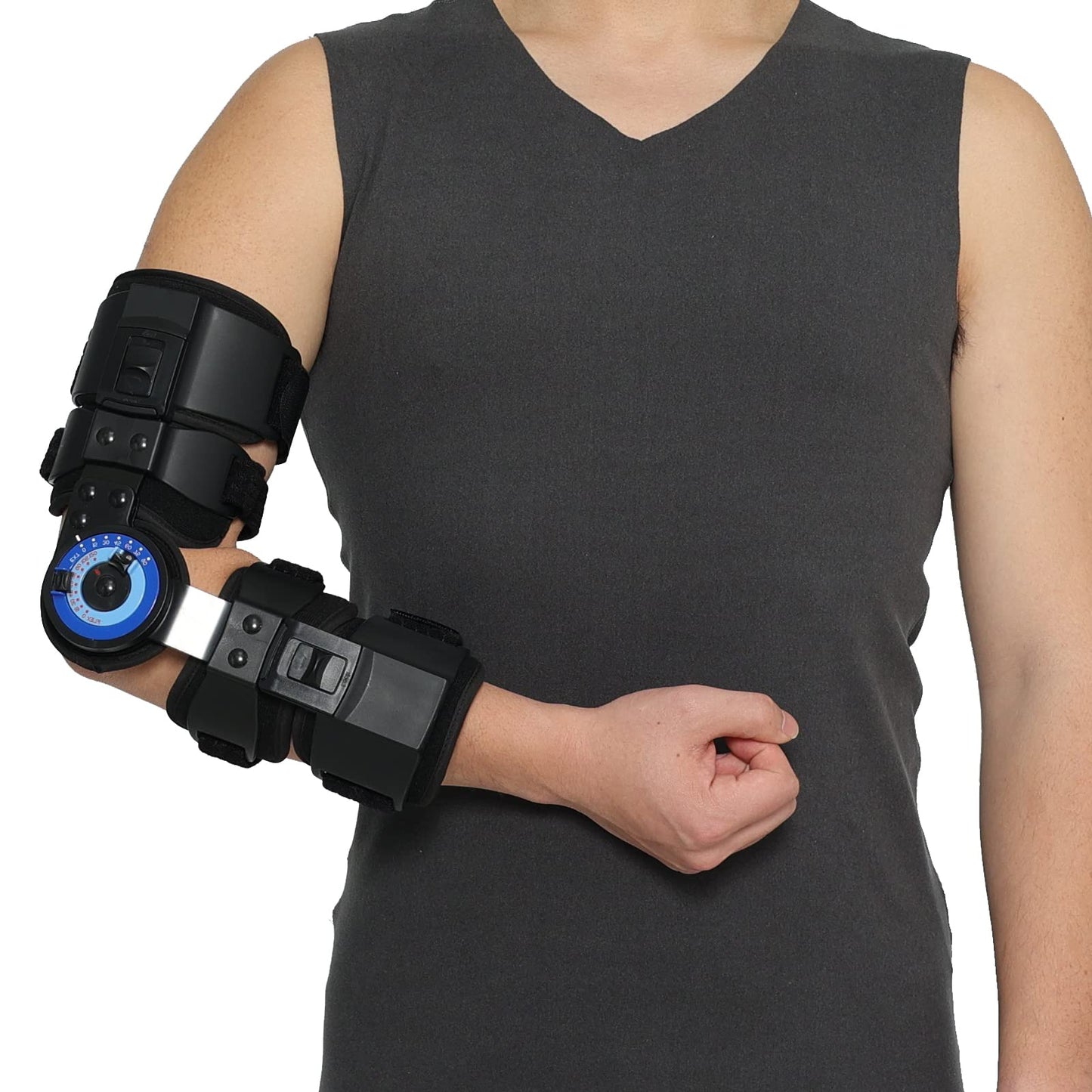 Orthomen Hinged ROM Elbow Brace Stabilizer, Adjustable Post OP Arm Support Splint for Surgery Recovery, Fracture & Dislocation, 10°-15° Incremental Control, Universal Fit Men and Women (Right)