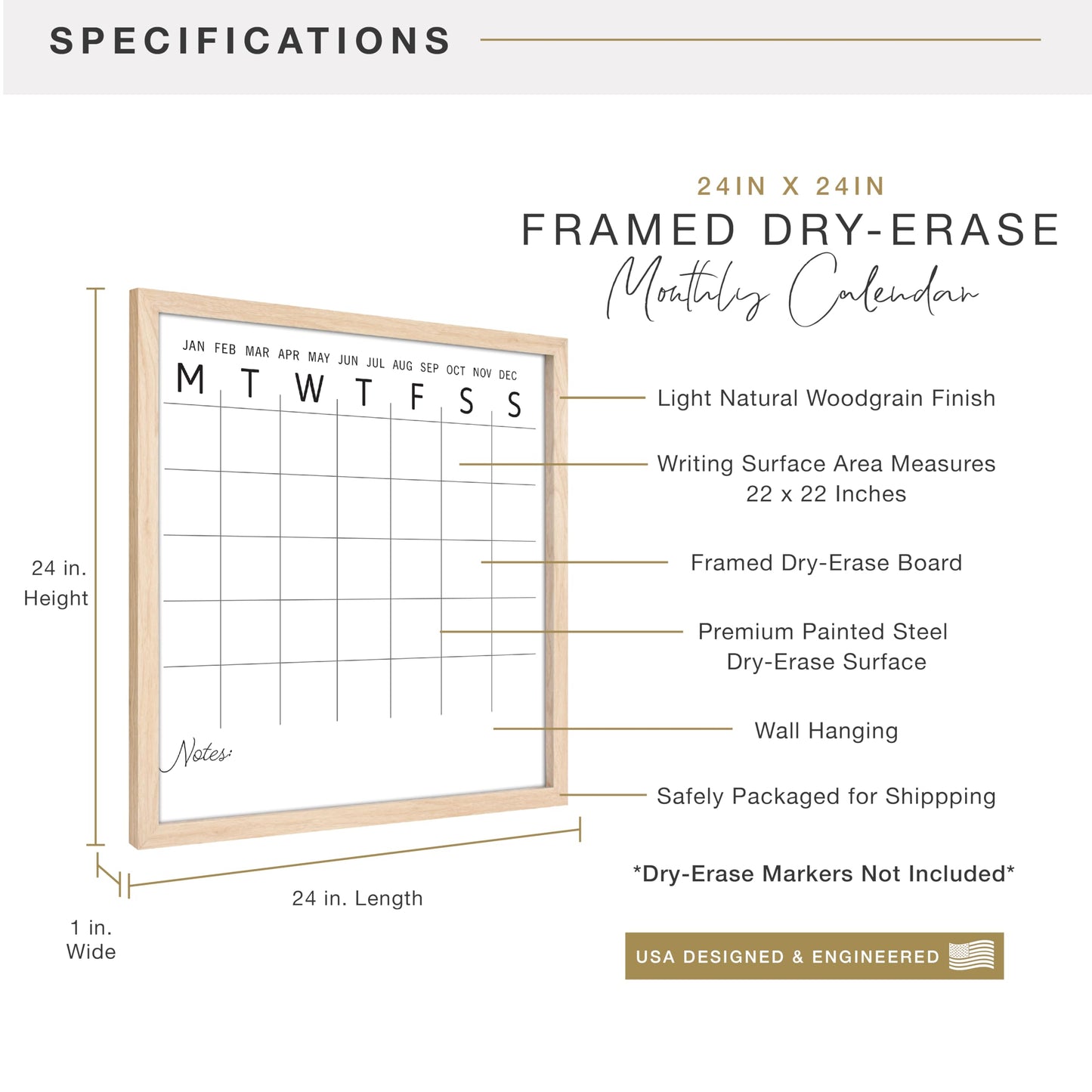 MCS Dry Erase Calander 24x24 Natural Framed Monthly Calendar for The Wall, Stay Organized with Family Planner for Appointments, Sports, Events & More