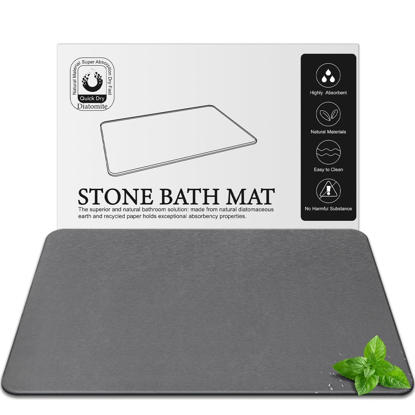 Greenturf Large Diatomite Stone Bath Mat, Premium Non-Slip Natural Diatomaceous Earth Bathtub Fast Drying Mats for Bathroom Floor (30" x 17" Dark Grey)
