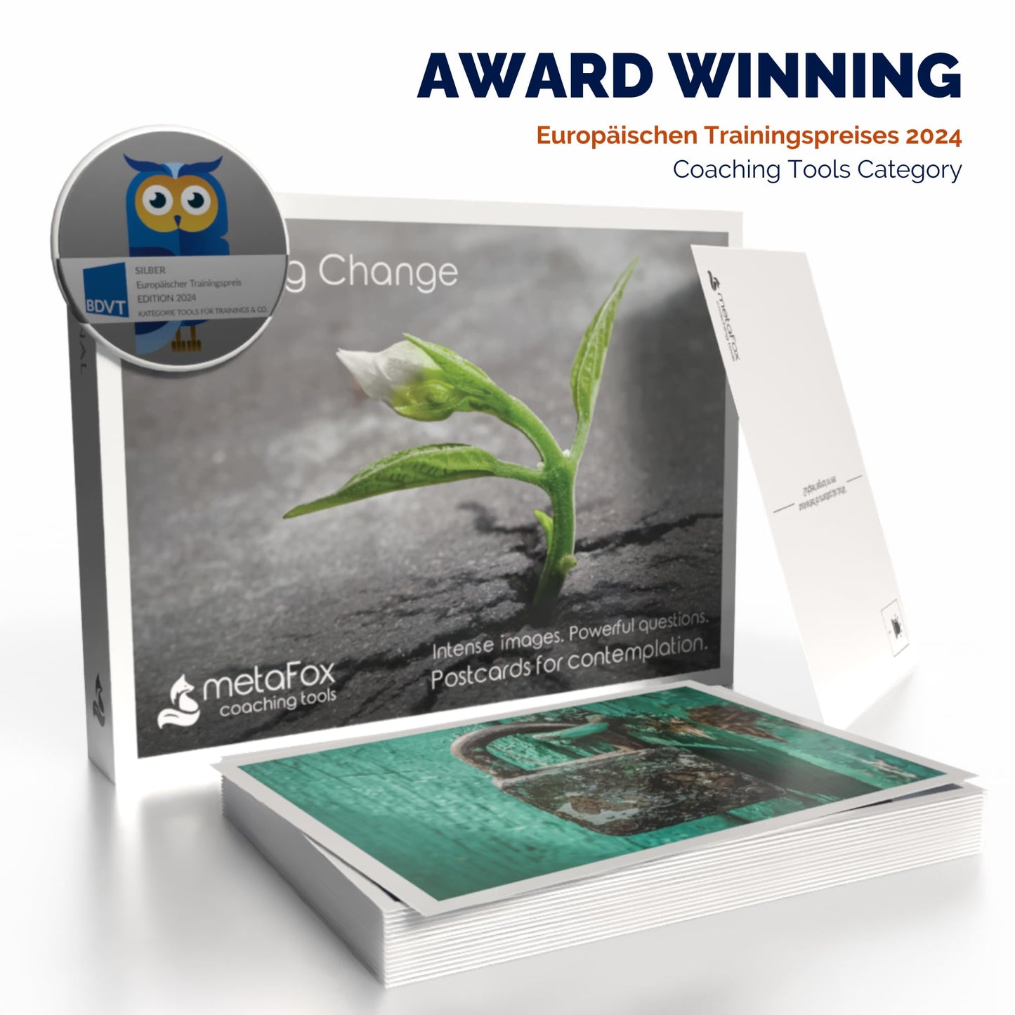 metaFox | Leading Change Postcards Pack | 52 Cards for Coaching & Change Management | Based on the 8-Step Process for Leading Change by John P Kotter