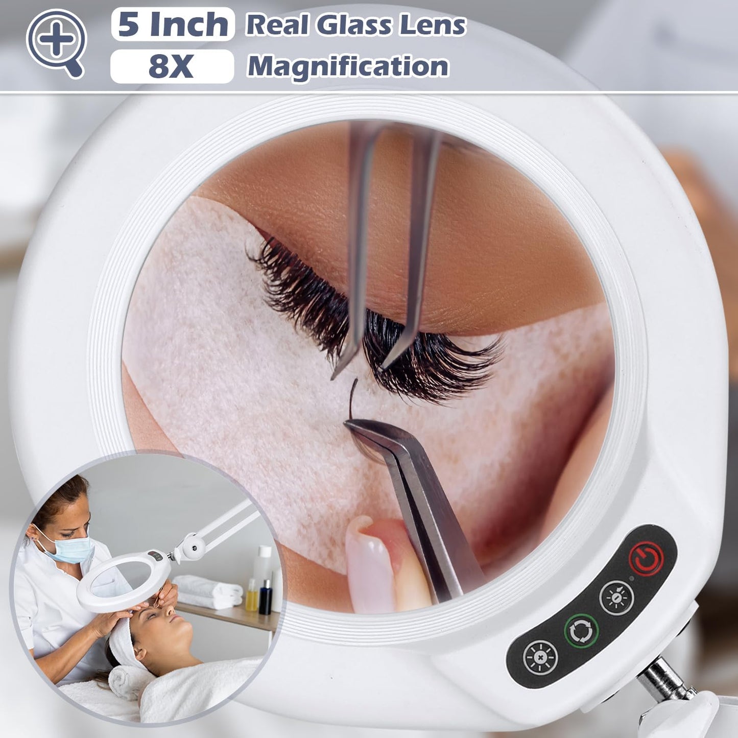 8X Magnifying Glass with Light and Stand, Veemagni 2,200 Lumens Magnifying Floor lamp with 5 Wheels Rolling Base, LED 5 Color Modes, Stepless Dimmable Lighted Magnifier for Esthetician, Facials, Salon