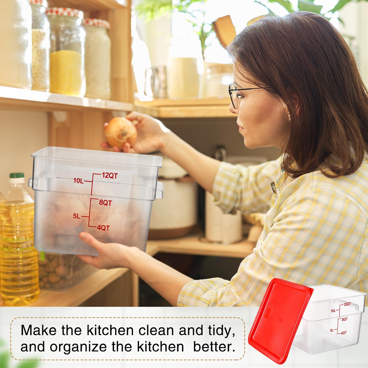 Suclain 2 Pcs Square Food Storage Container Polycarbonate Clear Food Container with Red Lid Commercial Rice Storage with Red Graduations for Commercial Kitchen(8.19 x 11.81 inches)