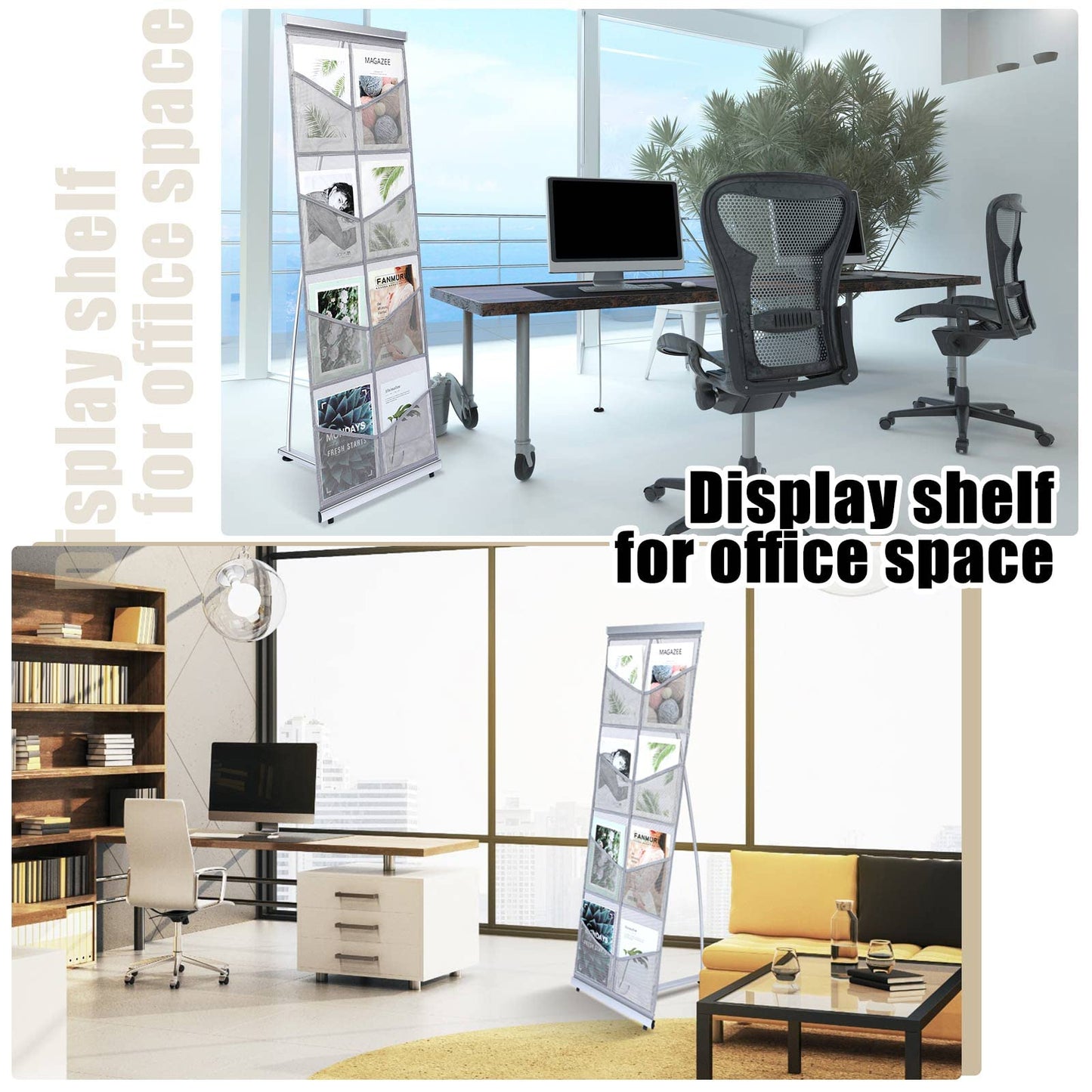 Outus Mesh Literature Brochure Holder with 8 Pocket Portable Magazine Display Roll Up Magazine Rack Lightweight Floor Standing Catalog Office Brochure Display Stand for Business Trade Shows