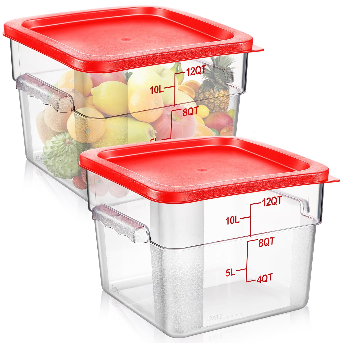 Suclain 2 Pcs Square Food Storage Container Polycarbonate Clear Food Container with Red Lid Commercial Rice Storage with Red Graduations for Commercial Kitchen(8.19 x 11.81 inches)