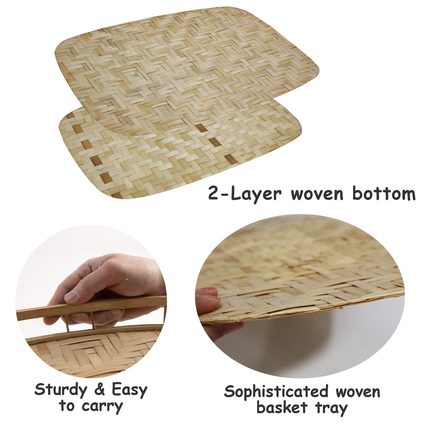 PEMAR Set of 4 Bamboo Wicker Serving Trays for Foods & Drinks, Rectangular Breakfast Lap Trays with Handles Wooden Decorative Platters for Coffee Table, Bed Eating