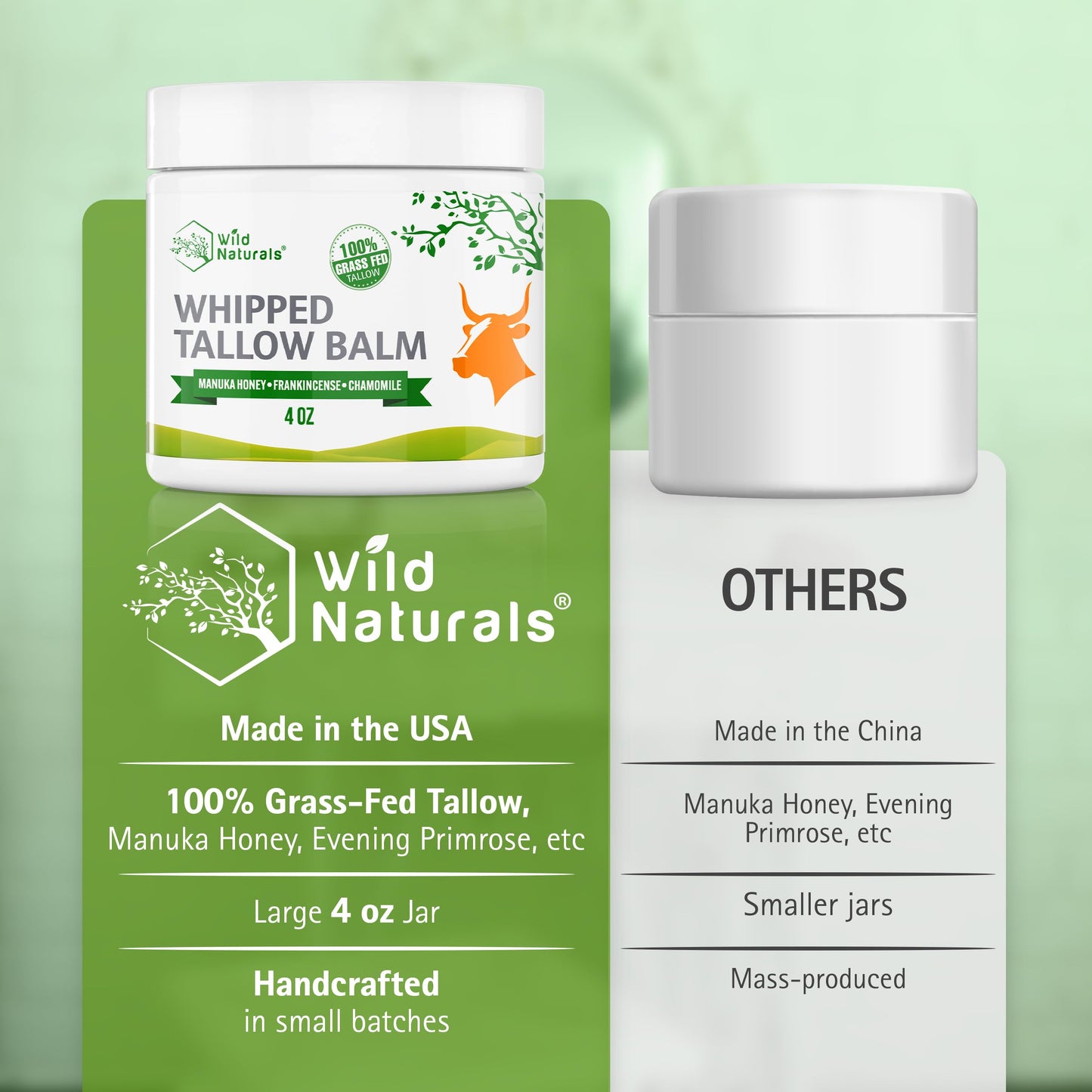 Wild Naturals Whipped Tallow Balm, 100% Grass Fed Beef Tallow and Honey Balm for Face and Body, Unscented Face Moisturizer, Anti-Aging and Dry Skin Relief, Non-Greasy, All-Natural, 4oz