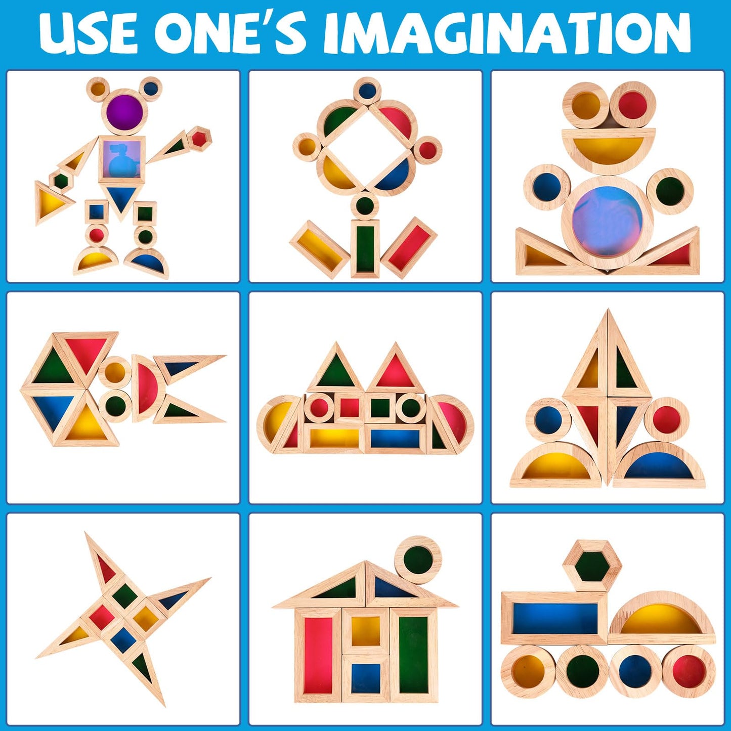 Wooden Rainbow Building Blocks for Kids 32 Pcs Rainbow Stacker Stacking Blocks Game Colorful Construction Toys Preschool Learning Educational Toys -Geometry Wooden Blocks for Boys & Girls