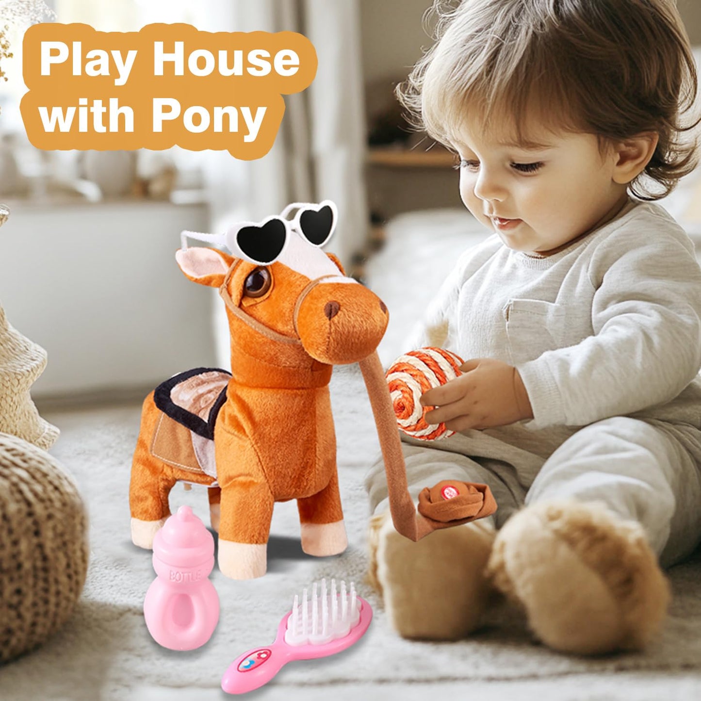 Musical Singing Dancing Plush Interactive Pony Walk Along Toy Horse with Leash - Robot Plush Stuffed Animal Shaking Head Buttocks for Boys & Girls Kids or Toddlers - H: 11.81"