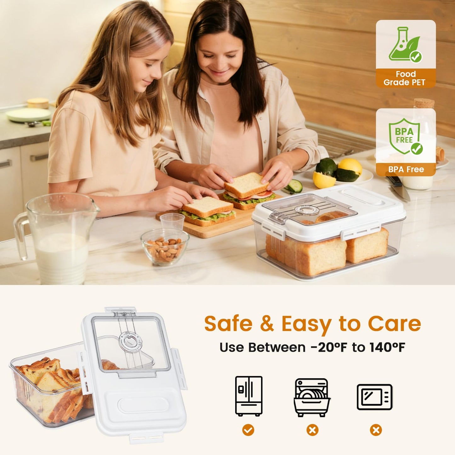 Dynta Bread Box for Homemade Bread for Kitchen Counter Airtight, Time Recording Bread Storage Container with Lid, Bread Keeper for Toast, Bagel, Donut and Cookies, 2 Pack