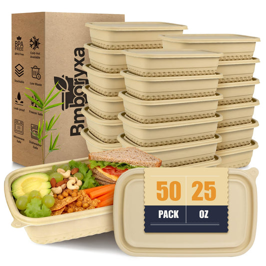 Bmboryxa 50Pack Meal Prep Containers Reusable with Lids, 25oz Bamboo-Powder Food Containers for Lunch Portion Control To Go Takeout Party Supplies, Safe for Microwave Freezer Dishwasher