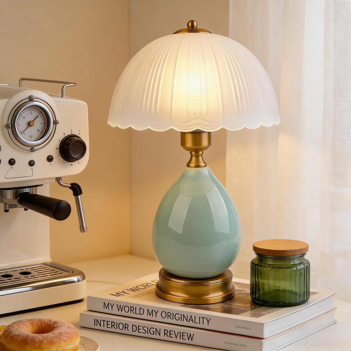 WELAISA Table Lamps Ceramic Retro Lamp for Living Room,16.73" Modern Bedside Nightstand Traditional Lamps, Classic Chinoiserie Green Glass Lamp for Home (French Country)