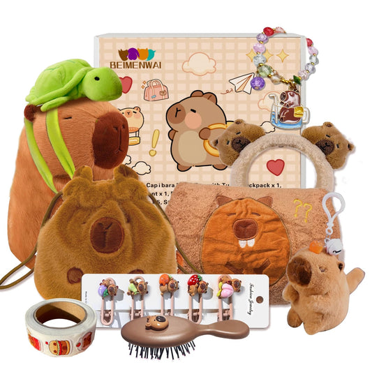 Capybara Plush Gifts for Girls 4 5 6 7 8 9 10+ Years Old, Kids Cute Capybara Toys with Stuffed Animal/Keychain/Bag/Bath Towel/Hair Pins/Bracelet/Headband, Christmas Birthday Plush Toys Set