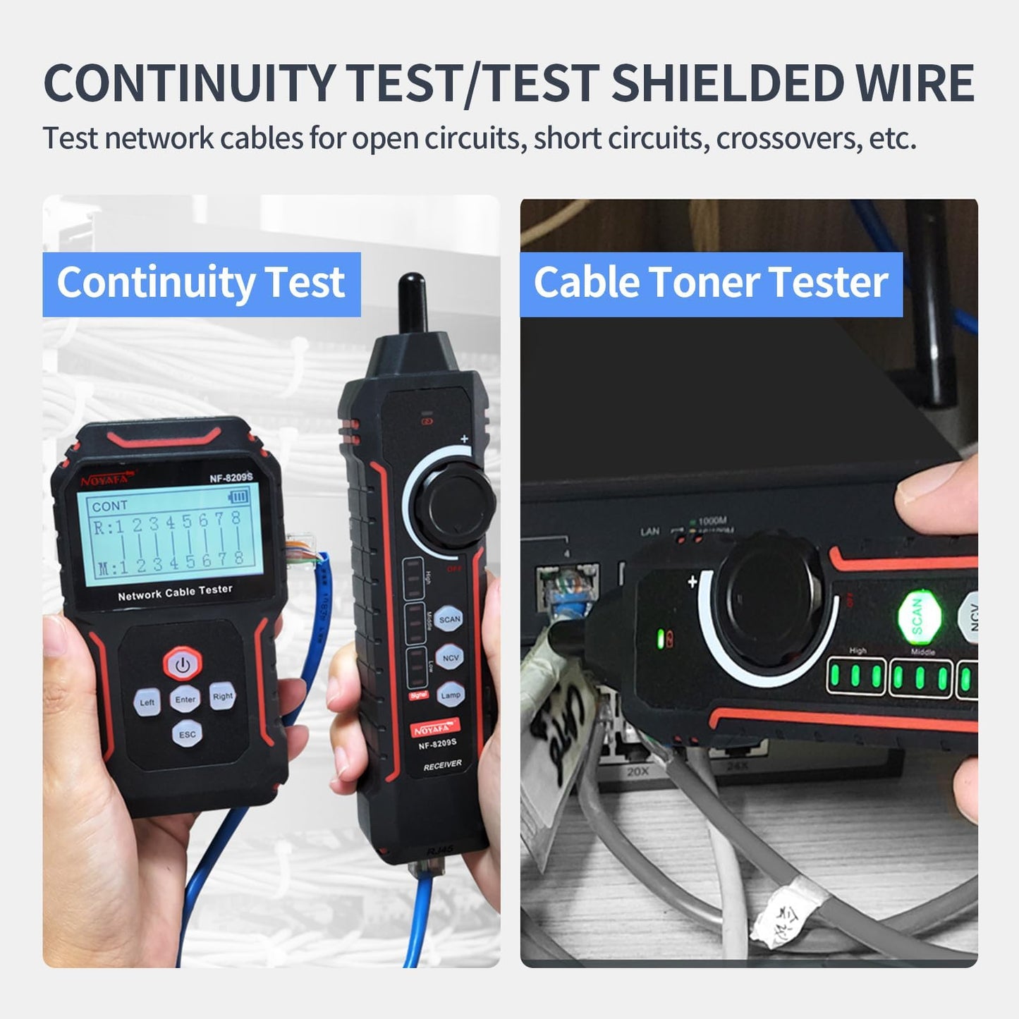 NOYAFA NF-8209S Network Cable Tester, Ethernet Cable Tester with PoE,NCV,Cable Length Test,Port Flashing,Multi-Function Trouble-Free Line Scan Mode,CAT5,CAT6 Line Tracer,LAN Network Cable Tracer Kits