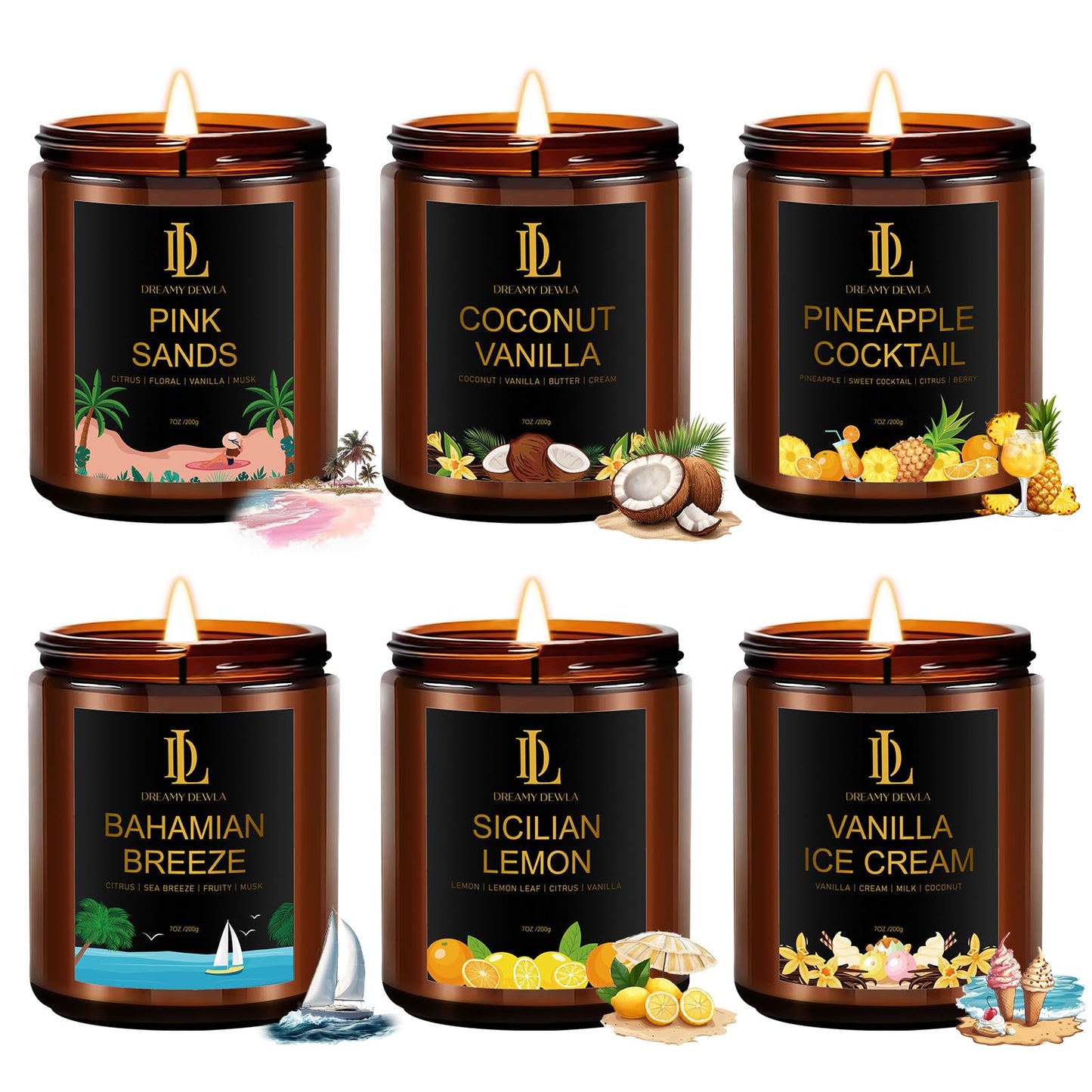 6 Pack Scented Candles Set, 42oz 300 Hour Long Lasting Candle, Soy Candles for Home Scented, Scents of Coconut Vanilla/Pineapple Cocktail/Sicilian Lemon/Pink Sands/Bahama Breeze/Vanilla Ice Cream