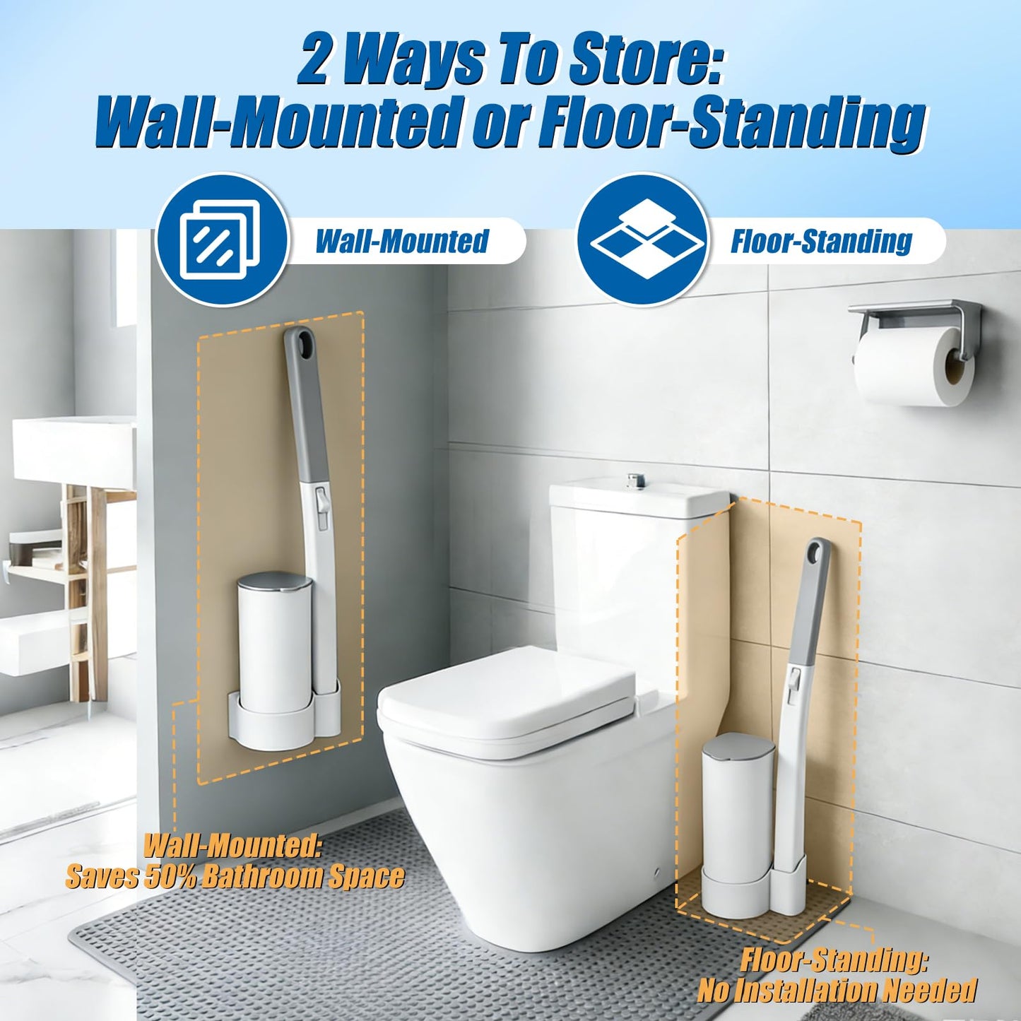 Disposable Toilet Brush and Holder Set, 2 Pack Toilet Wand Kit with 72 Refills, Wall Mounted Toilet Bowl Cleaner System Kit, Toilet Scrubber for Bathroom Cleaning Sink Bathtub