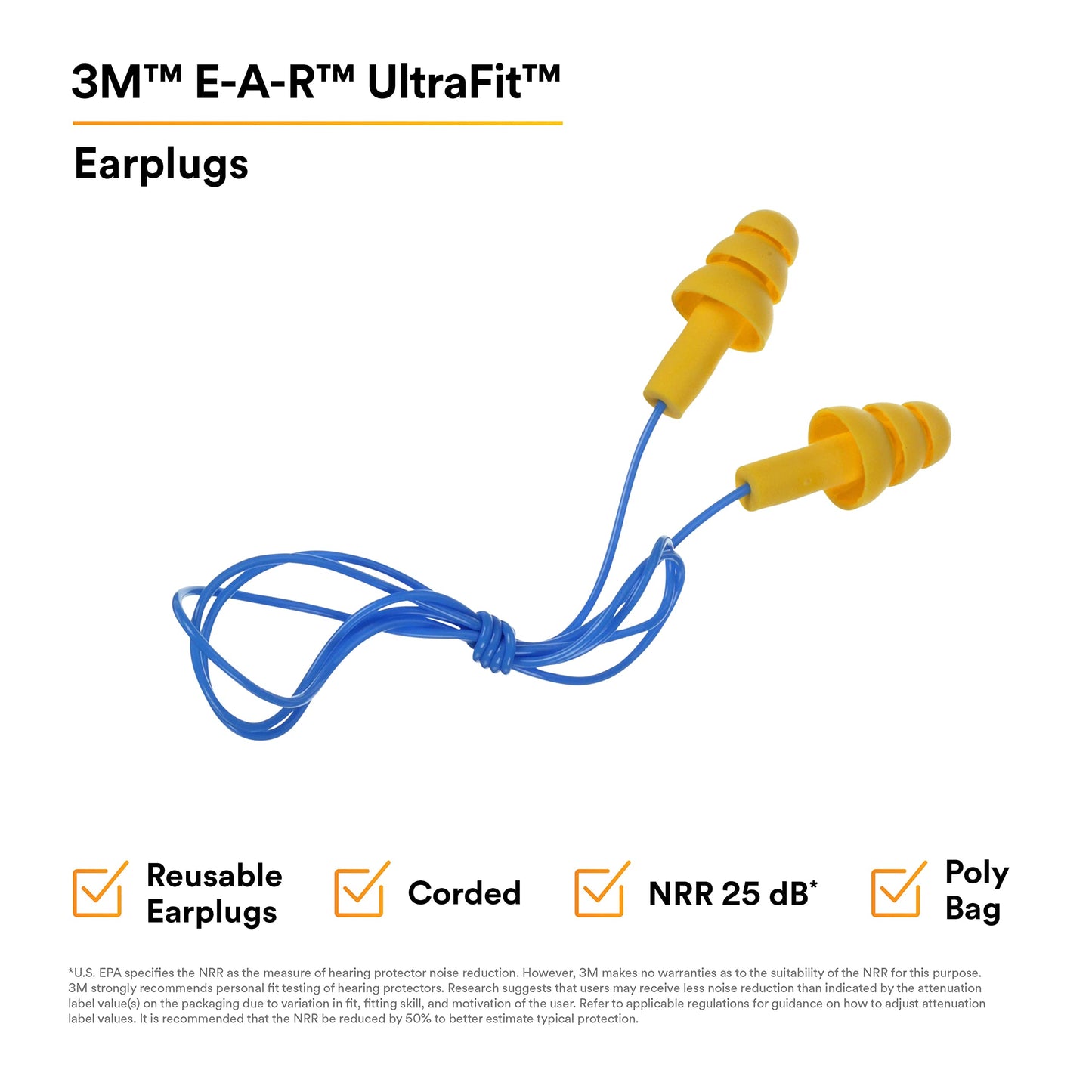 3M E-A-R UltraFit Corded Ear Plugs 340-4004, 100-Pair, Yellow, Poly Bag 3404004