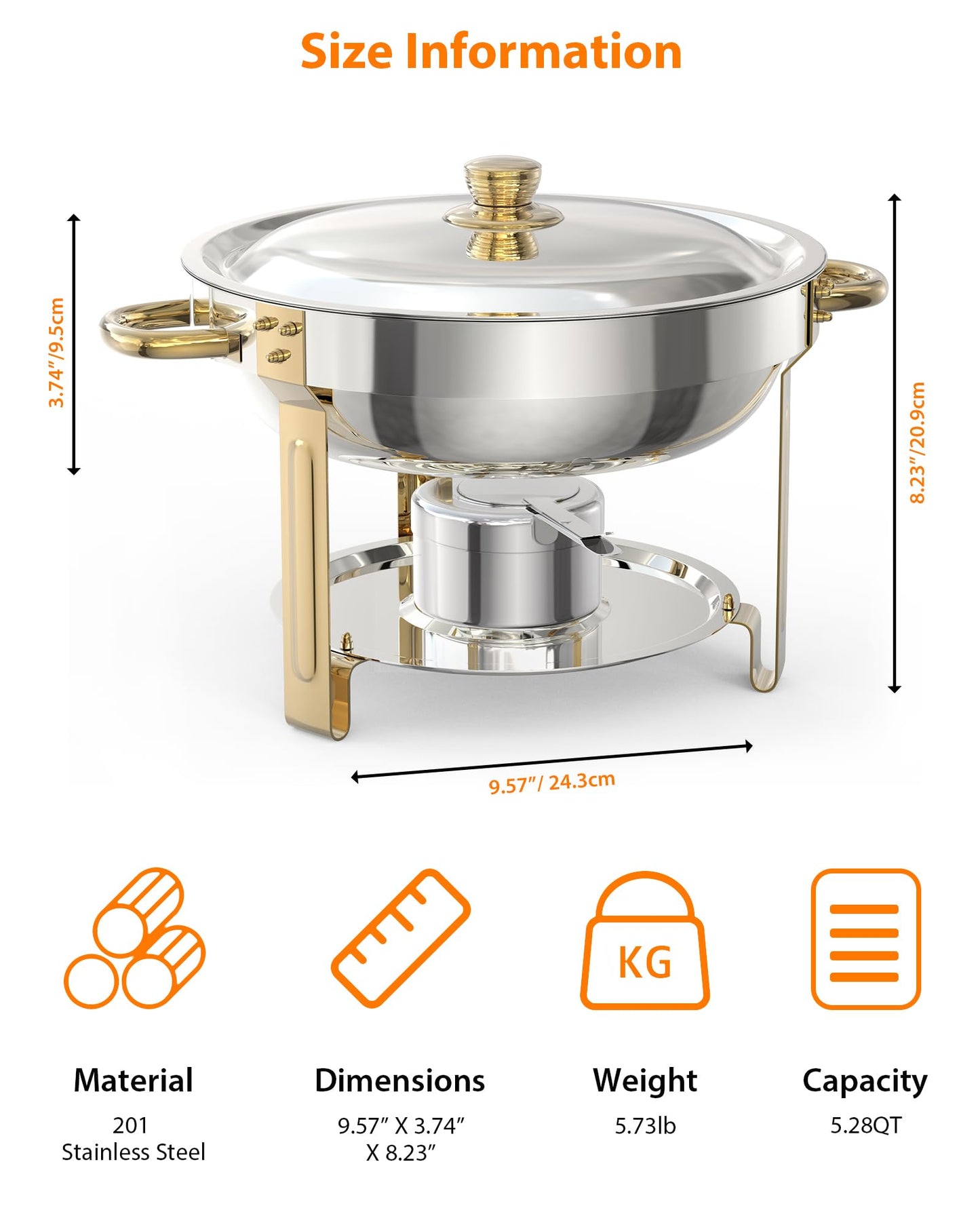5QT 6 Packs Chafing Dish Buffet Set, NSF Round Stainless Steel Chafers and Warmers Food Servers Sets with Lid & Lid Holder, Spoon & Tweezer for Catering Events Parties Weddings Dinners, Gold