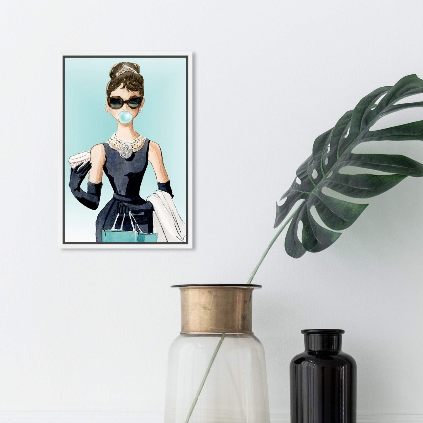 The Oliver Gal Artist Co. People and Portraits Framed Wall Art Canvas Prints 'Bubble Gum and Diamonds' Celebrities Home Décor, 10 in x 15 in, Blue, Black