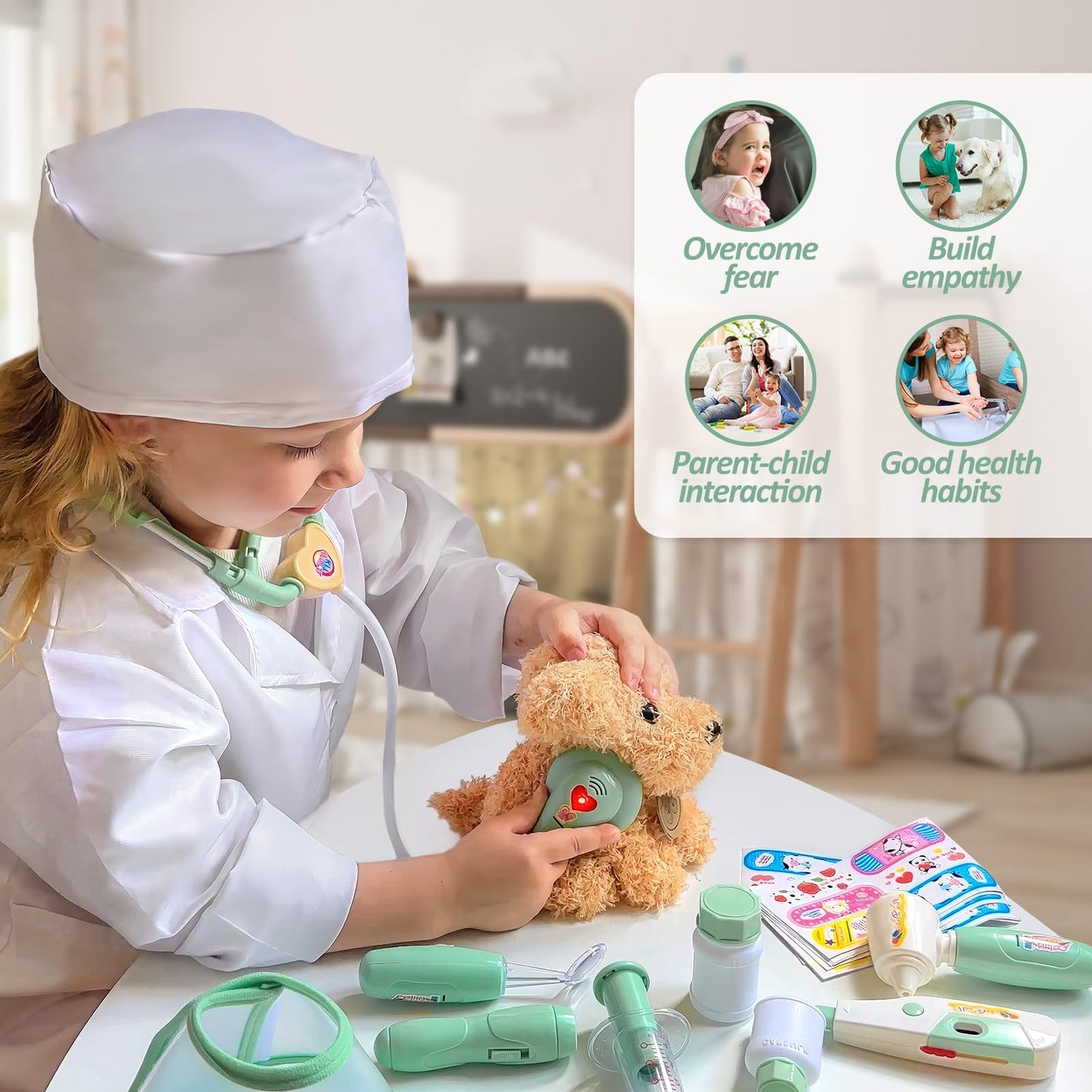 Liberry Doctor Kit for Toddlers 3 4 5 6 Years Old, 26 Pcs Kids Doctor Playset with Dog Toy, Stethoscope and Dress Up Costume, Pretend Play Medical Gift for Girls (Green)